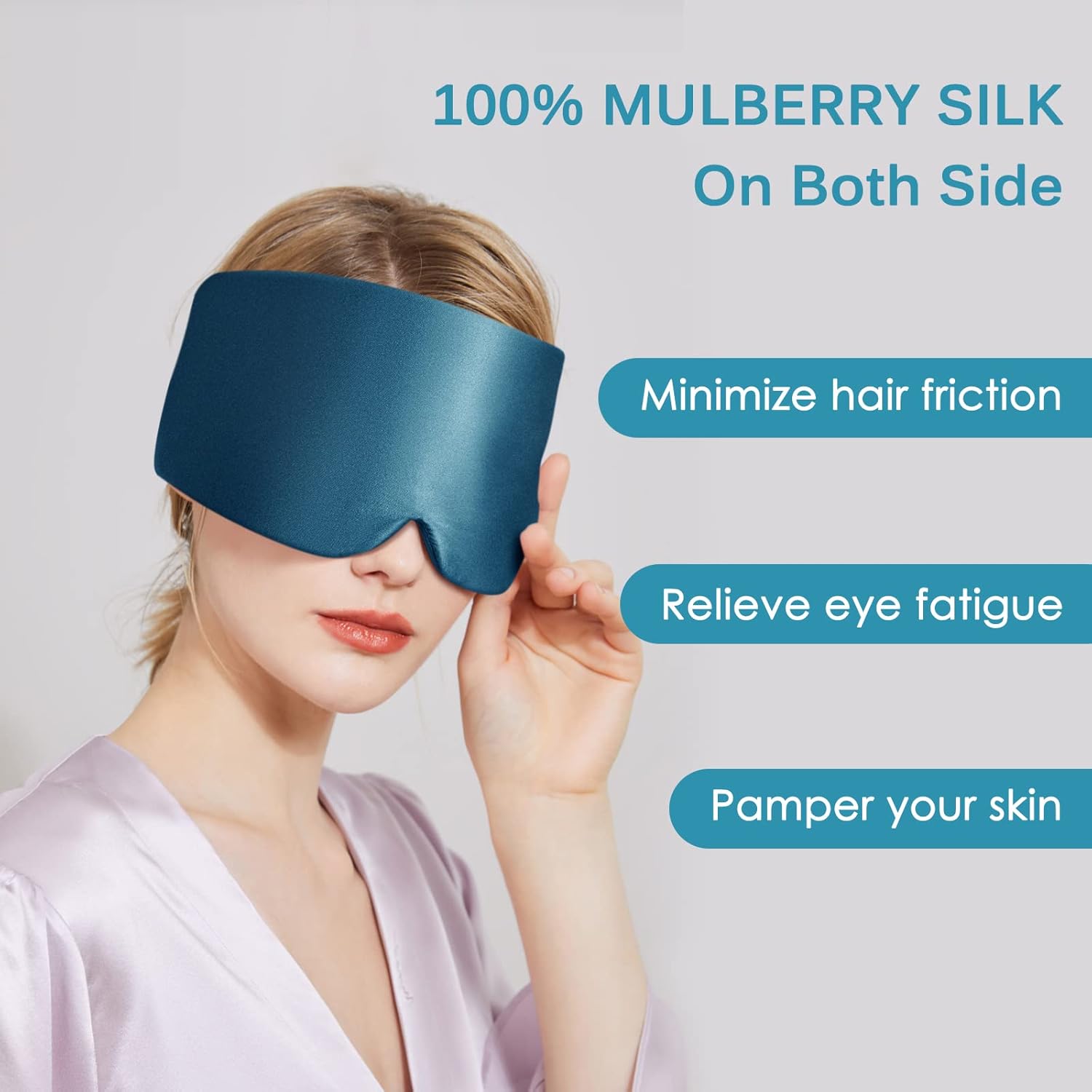 OLESILK Schlafmaske aus 100 % Maulbeerseide, Augenmaske mit verstellbarem Kopfband für Männer und Frauen, große Schlafmaske und Augenbinde für Nachtschlaf, Reisen und Nickerchen, Pfauenblau – Bild 5