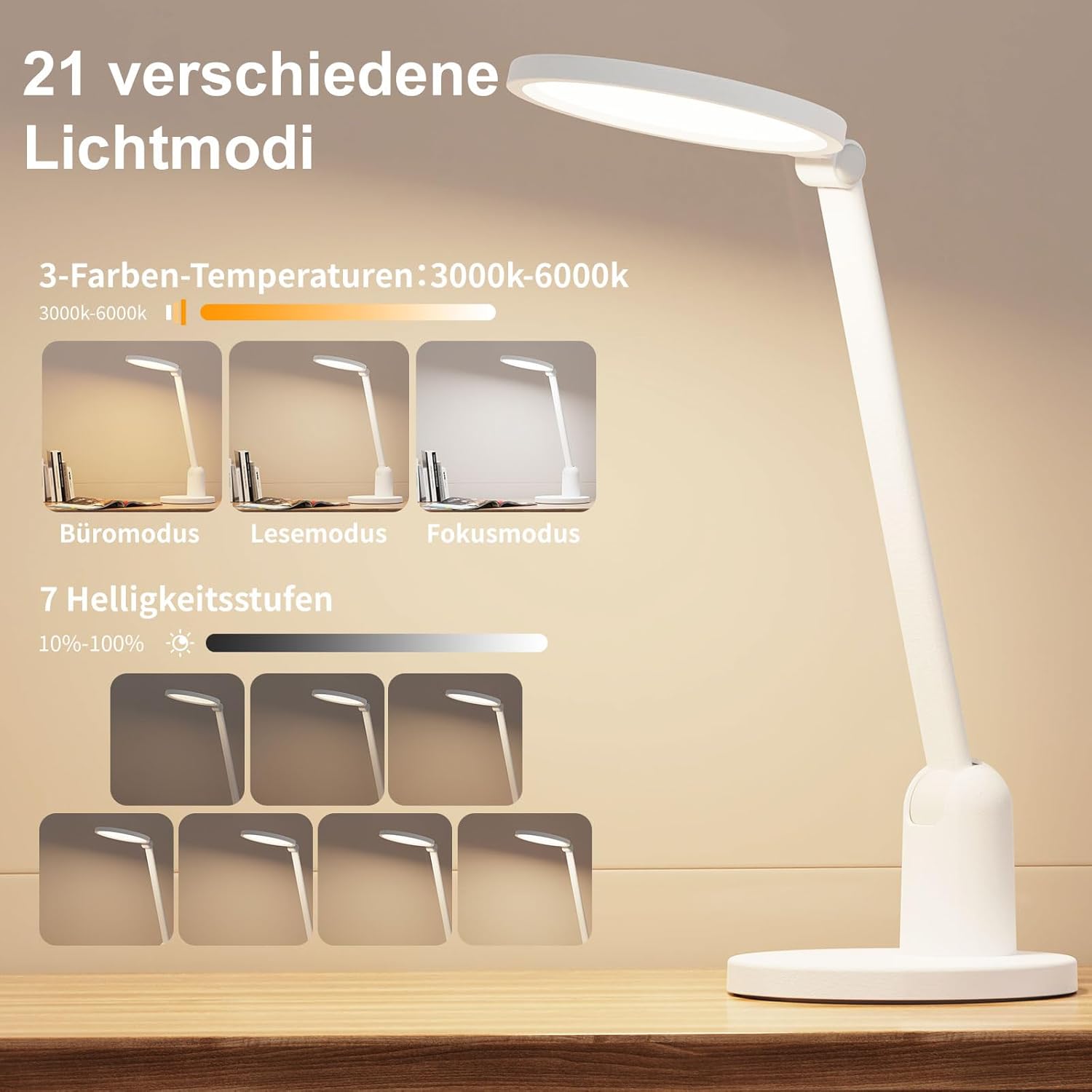 Schreibtischlampe LED dimmbar, 1000 lm, ultrahelle Tischlampe, 3 Farbmodi, 7 Helligkeiten, Schreibtischlampe mit Touch-Steuerung, Memory-Funktion, Leselampe, drehbare Nachttischlampe für Büro, Arbeit, Nachttisch – Bild 3