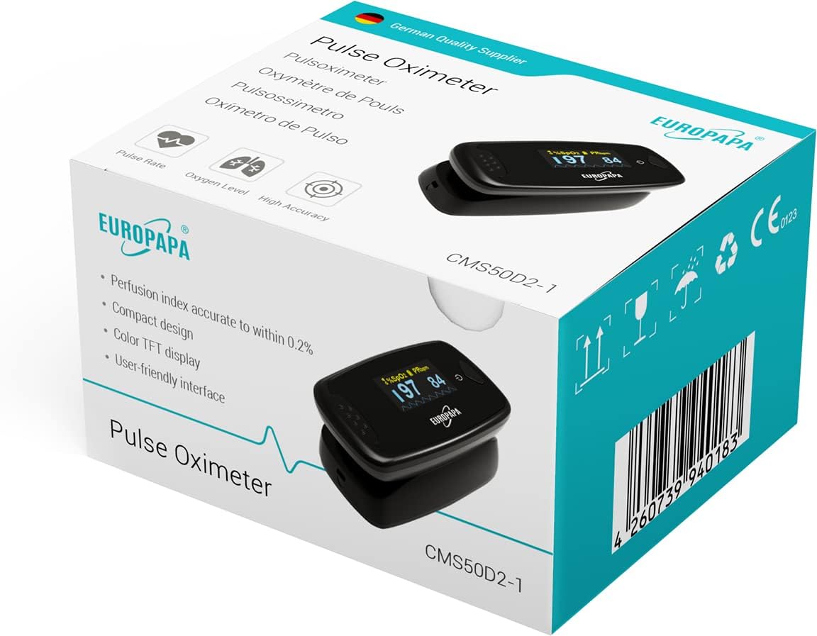 EUROPAPA Pulsoximeter, Fingerpulsoximeter, ideal zur schnellen Messung der Sauerstoffsättigung (SpO2), einfacher Herzfrequenzmesser für Erwachsene, OLED-Display (schwarz) – Bild 4