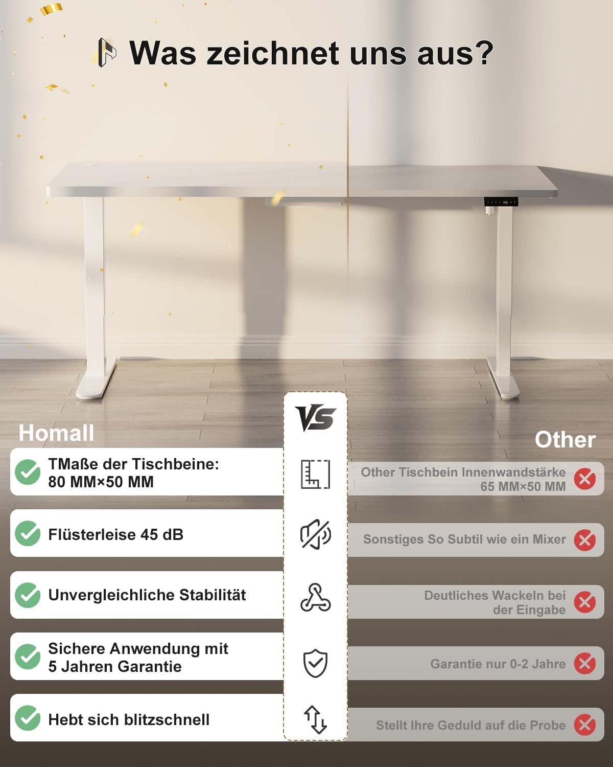 Homall höhenverstellbarer Schreibtisch 140 x 70 cm, elektrischer Schreibtisch mit vierteiliger Tischplatte, Computertisch mit Memory-Funktion, Stehpult – Bild 5