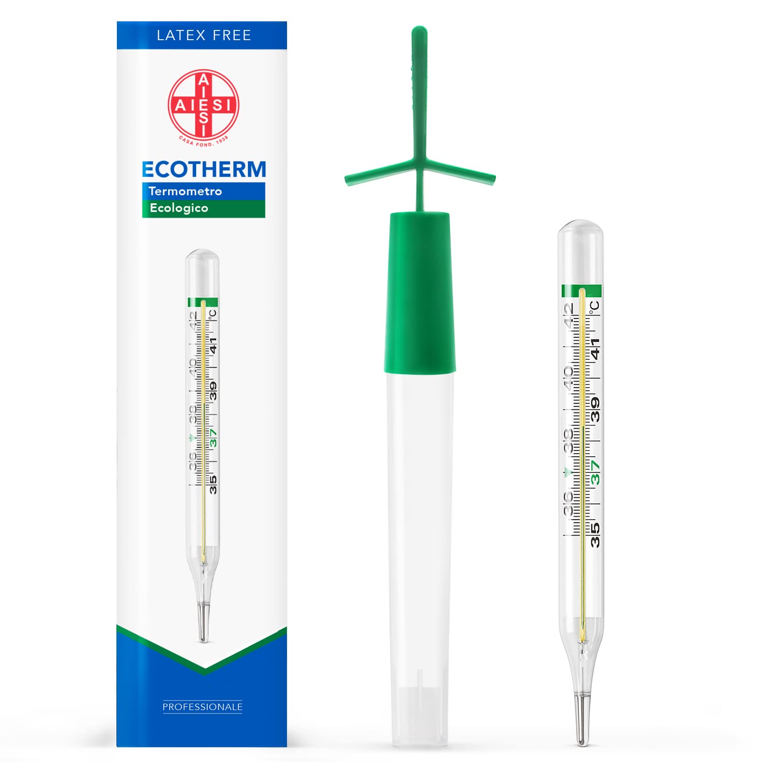 AIESI Klinisches analoges Glasthermometer ohne Quecksilber für Erwachsene und Kinder Ecotherm, mit Etui für schnelle Nullstellung, ökologisch, 24 Monate Garantie