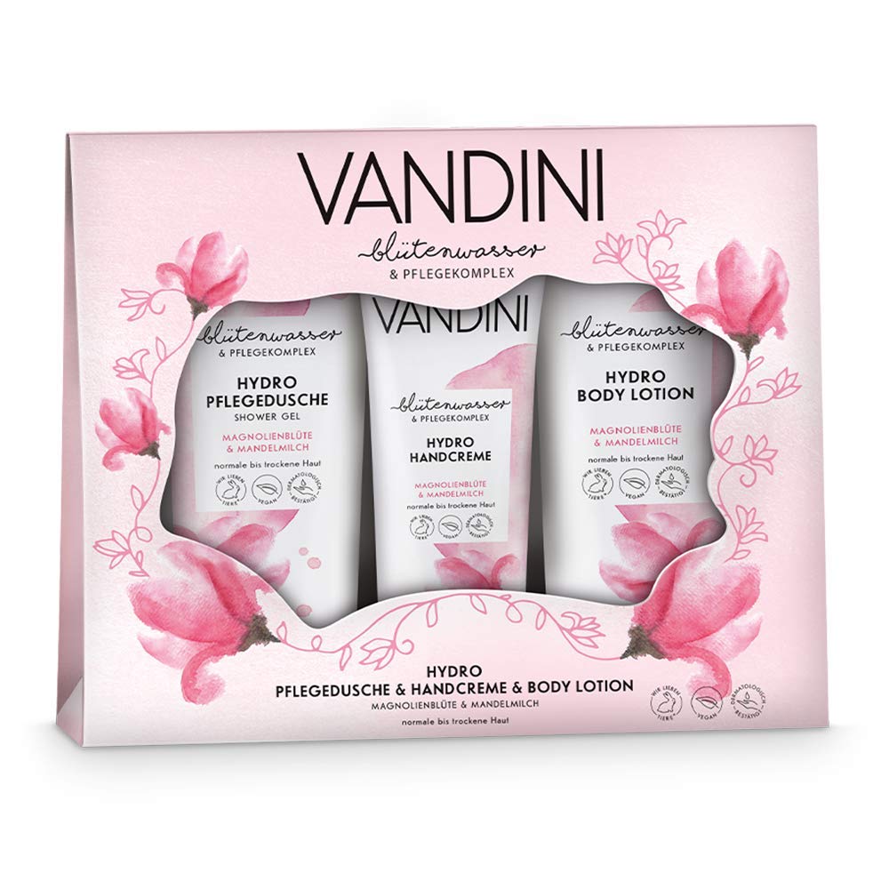 VANDINI Hydro Wellness Damen-Geschenkset, Wellness-Set mit Körperlotion, Duschgel & Handcreme, Damen-Pflegeset mit Körperlotion, Duschgel und Handbalsam für normale bis trockene Haut – Beauty-Set