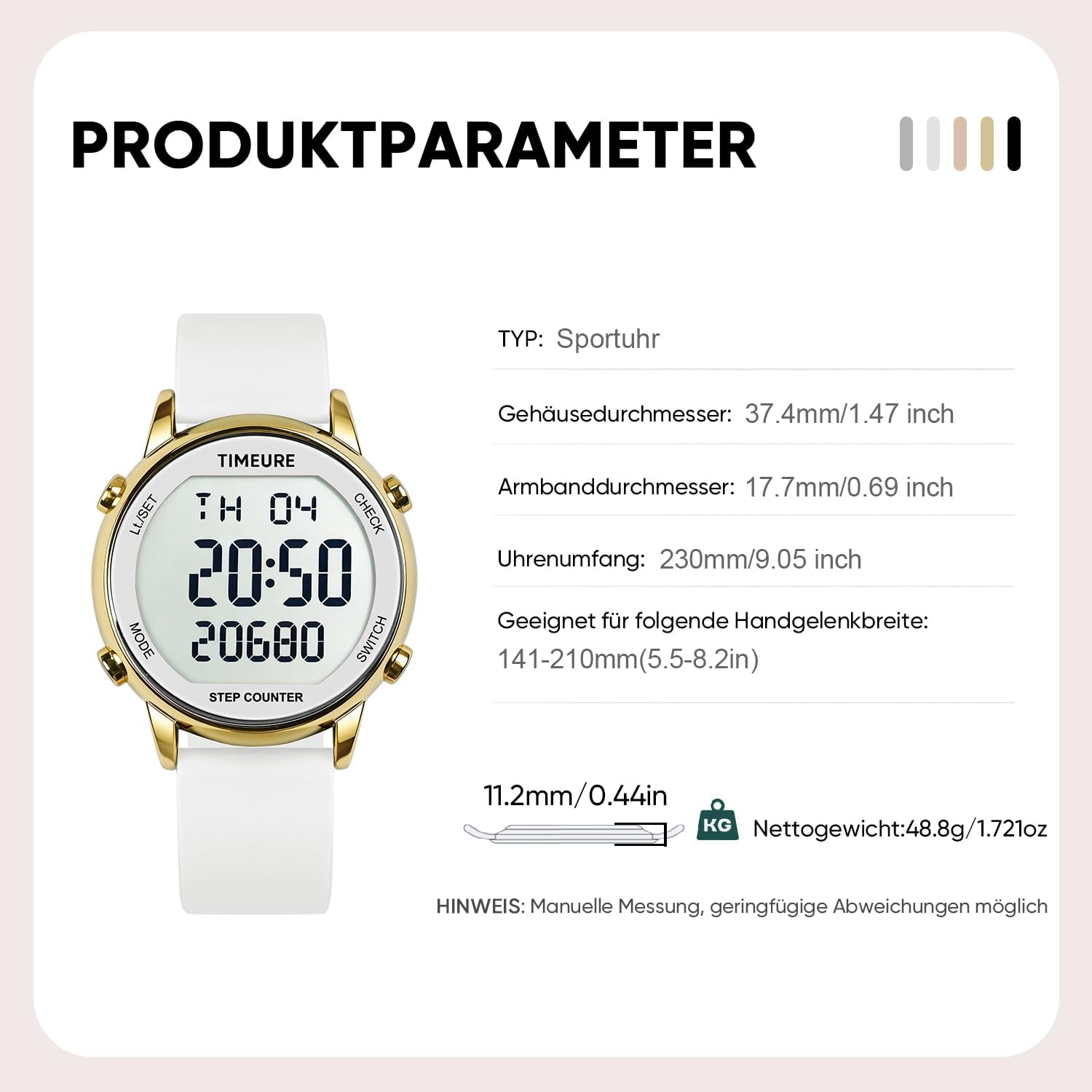 TU-2509 Schrittzähler-Uhr für Damen, Schrittzähler zum Gehen, keine App/Telefon erforderlich, wasserdichter Fitness-Kalorien-Tracker, Entfernungsmessung, Alarm, großes digitales Display, Uhr, TU-2509 – Bild 8