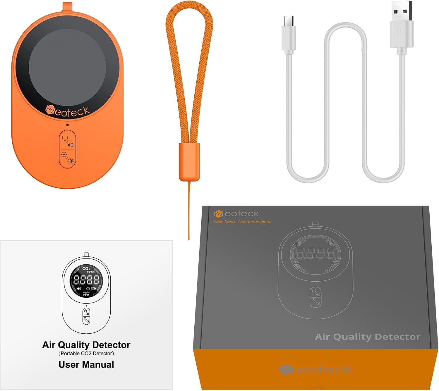 Neoteck Tragbarer CO2-Detektor, Mini-Kohlendioxidsensor mit akustischem und optischem Alarm, wiederaufladbarer 2-in-1-CO2-Monitor 0–5000 PPM für Camping, Abenteuer, Zuhause, Hotel – Bild 8