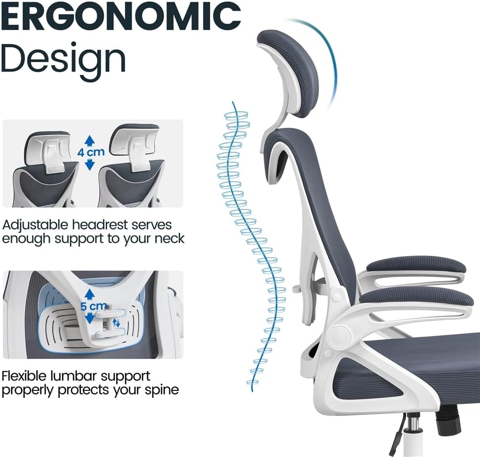 Yaheetech Ergonomischer Bürostuhl, Schreibtischstuhl mit klappbaren Armlehnen, Drehstuhl mit Rückenlehne und verstellbarer Kopfstütze, Chefsessel, Wippfunktion, maximale Belastung 136 kg, Weiß/Grau – Bild 7
