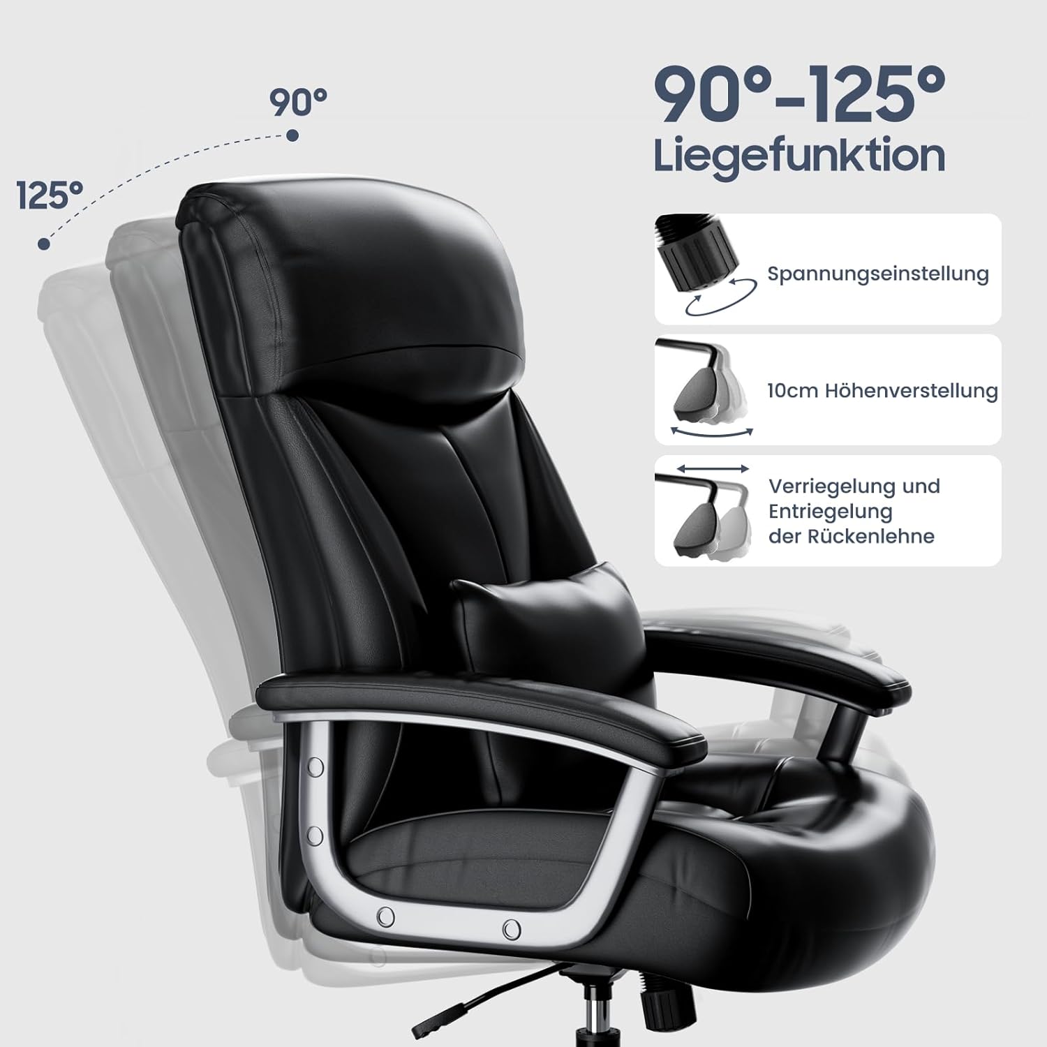 Ergonomischer Bürostuhl, 200 kg, Schreibtischstuhl, Computerstuhl, hohe Rückenlehne, ergonomischer Stuhl, höhenverstellbar, 360° drehbar, schwarzes kratzfestes Leder, (aktualisiert) – Bild 6