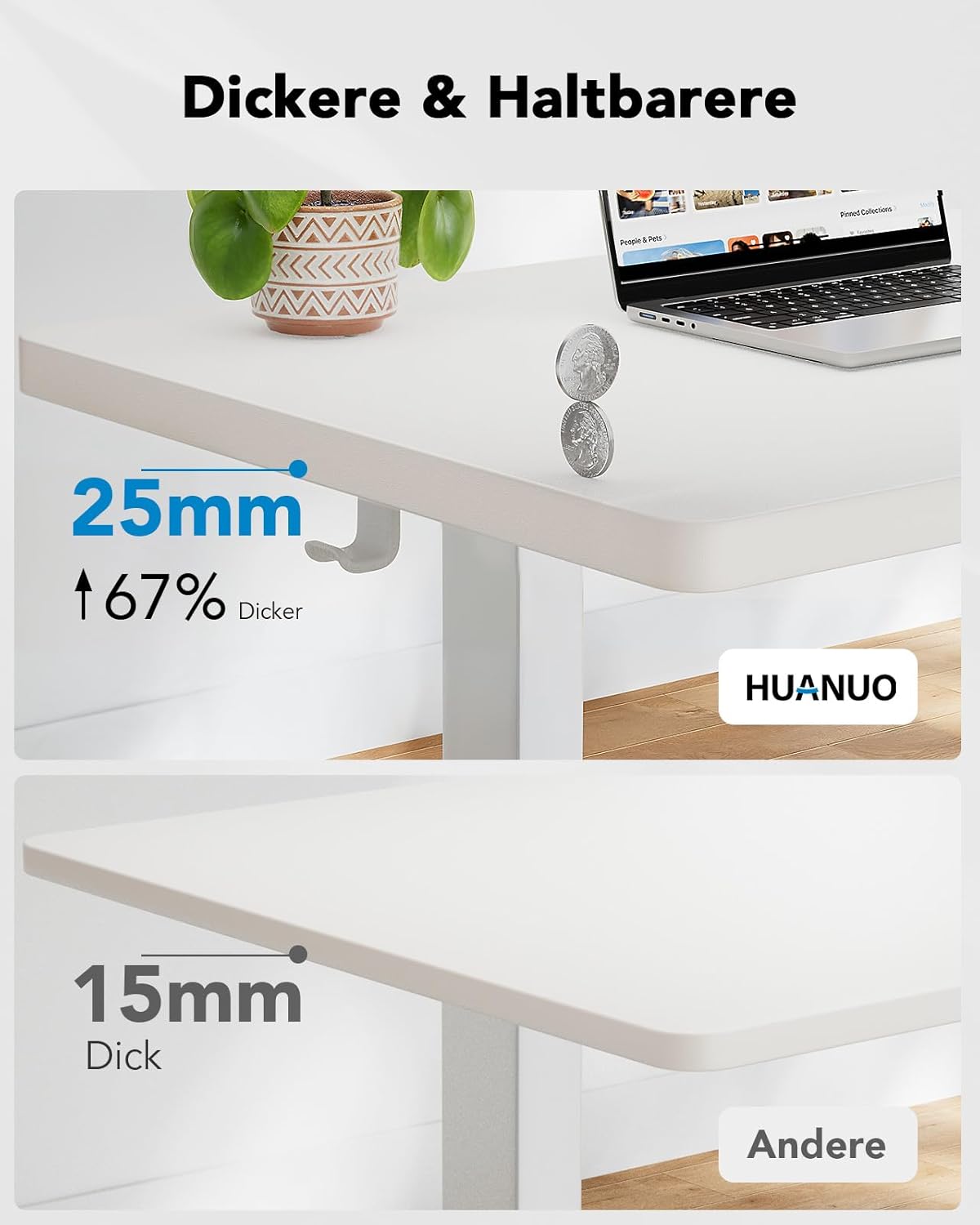 HUANUO Höhenverstellbarer Schreibtisch 160 x 80 cm, 25 mm ganze Tischplatte mit bürstenlosem Motor, ergonomischer Stehsitztisch, Stehpult, einfache Montage, elektrischer Stehpult für das Home Office – Bild 6