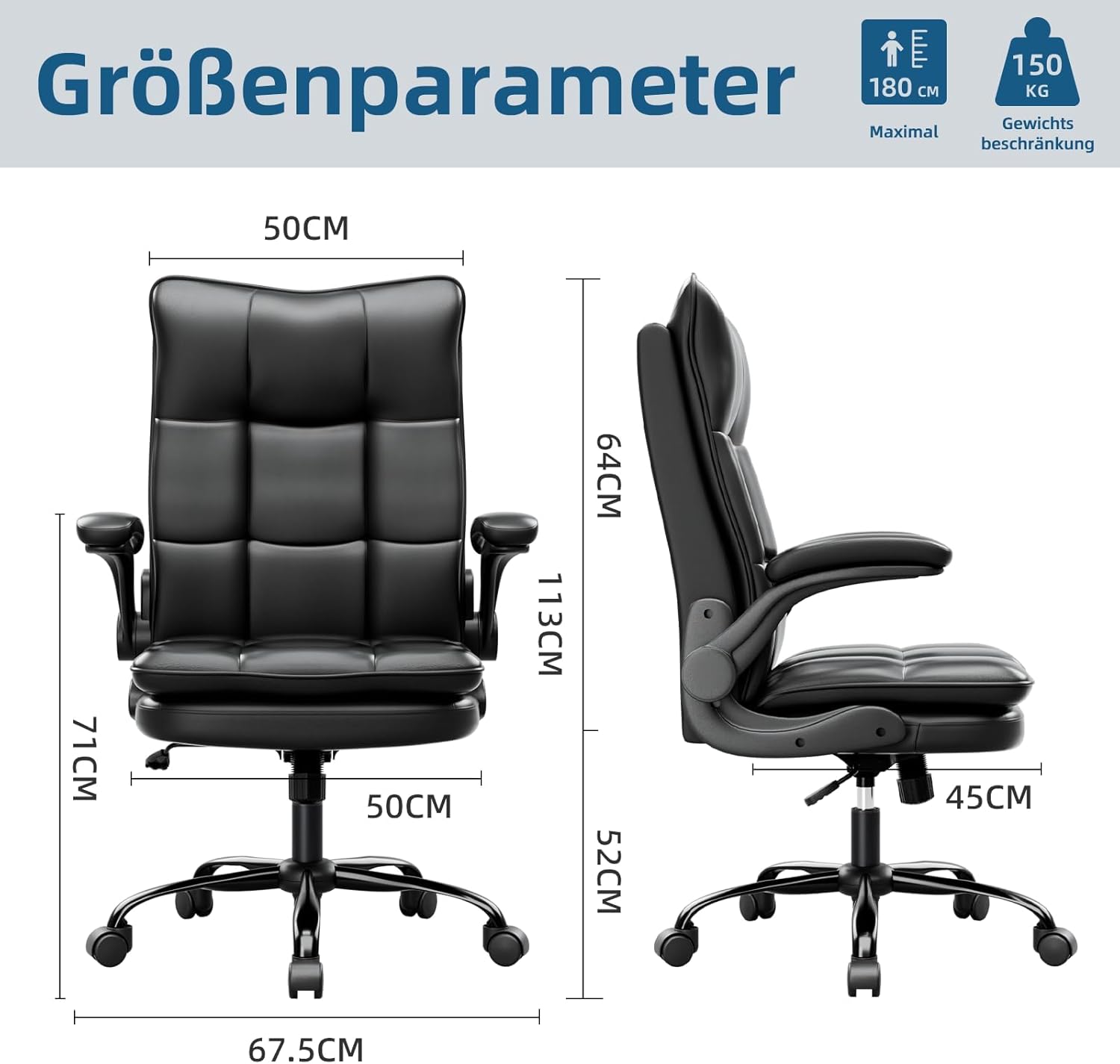 Ergonomischer Bürostuhl, Chefsessel mit kratzfester Technologie aus Leder, klappbare Armlehne, Dreh- und Wippfunktion, höhenverstellbar, doppelt verdickte Rückenlehne, Schwarz – Bild 2