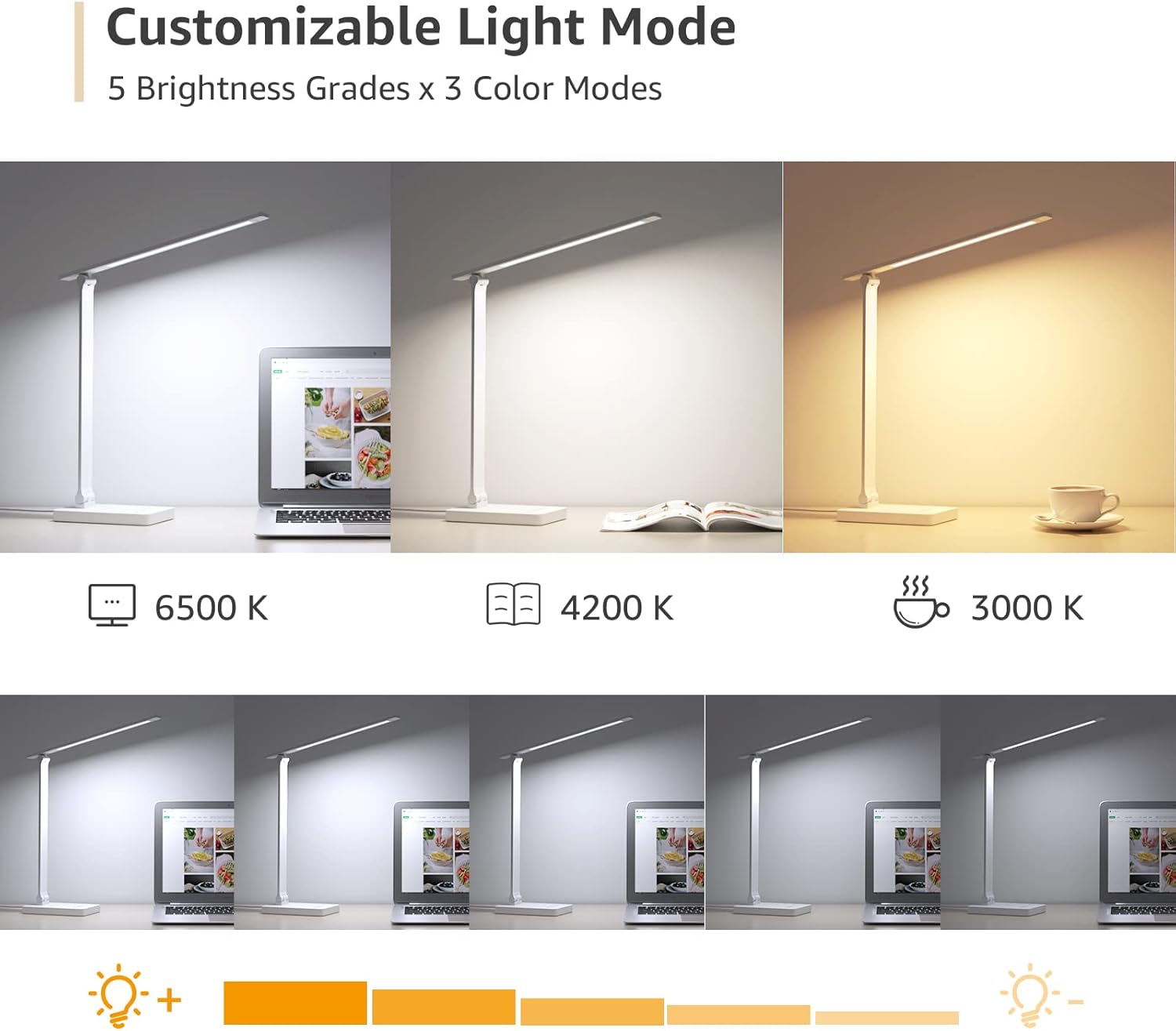 Lepro LED-Schreibtischlampe 15 W, dimmbare Tischlampe 655 lm mit 3 Farbmodi & 5 Helligkeitsstufen, USB-Anschluss, Augenschutz-Leselampe für Büro, Arbeitszimmer, Nachttisch & Lesen, Weiß (2 Stück) – Bild 5