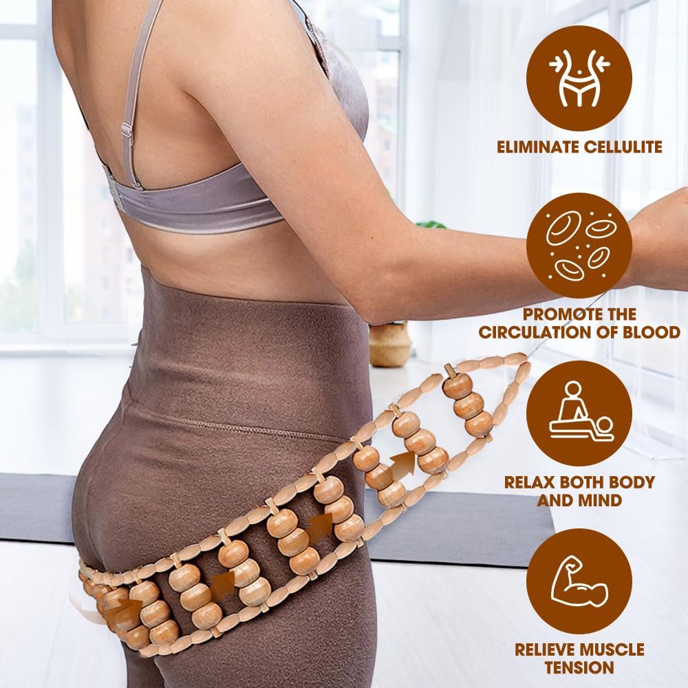 mizikuu Massageroller Rücken mit Griff, Holzmassagegerät, Anti-Cellulite-Rückenmassagegerät, Maderotherapie-Faszienrolle mit Griff, Massagerolle für Nacken, Beine, Rücken – Bild 2