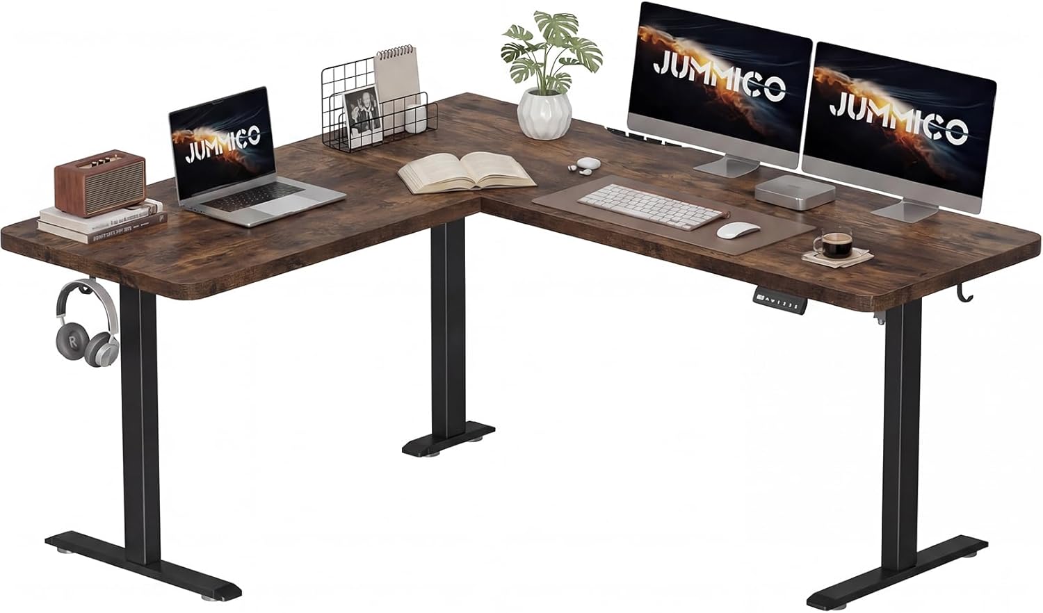 JUMMICO Eckschreibtisch, höhenverstellbar mit 3 Ablagehöhen, 160 x 140 cm, L-förmiger höhenverstellbarer Schreibtisch mit Kabelkanal und 2 Haken, ergonomischer Computertisch für das Home Office, braun – Bild 9