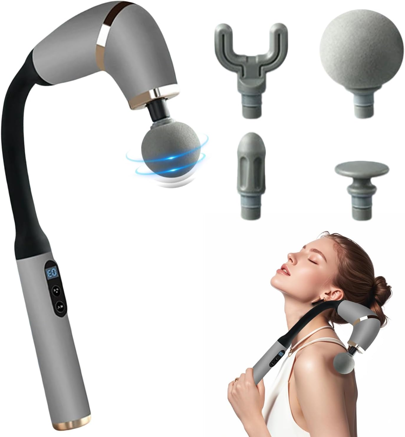 U-förmige Massagepistole, Rückenmassagegerät, 4 Massageköpfe, Massagepistole mit LCD zur Schmerzlinderung, Tiefengewebe-Körpermassagegerät, Faszienmuskel-Massagepistole für Nacken, Schulter, Bein – Grau