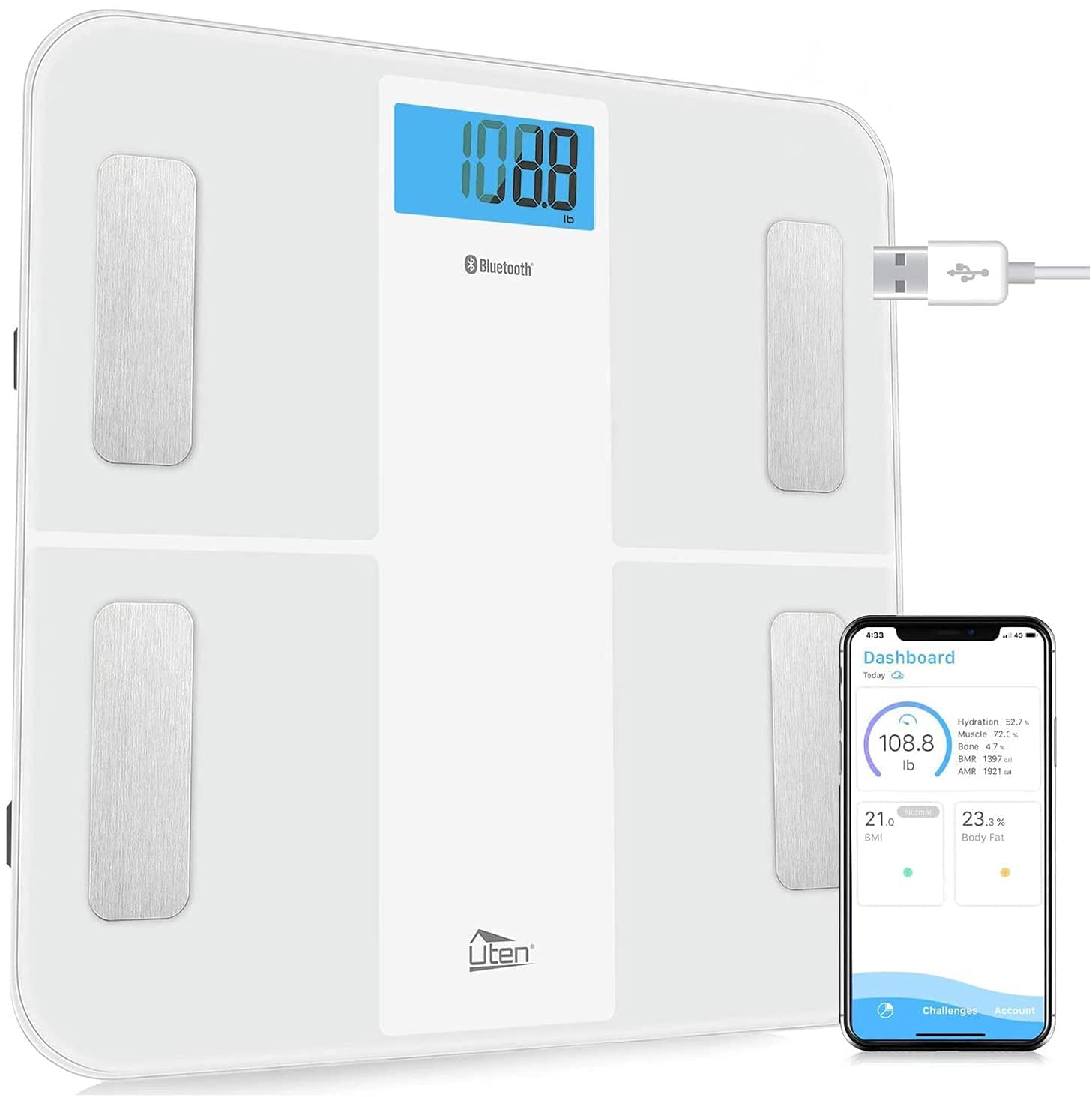 Digitale Personenwaage Körperfettwaage Uten Bluetooth Körperwaage Digitale Körperanalysewaage mit App Körperanalysegerät Waage 180 kg 400 lb