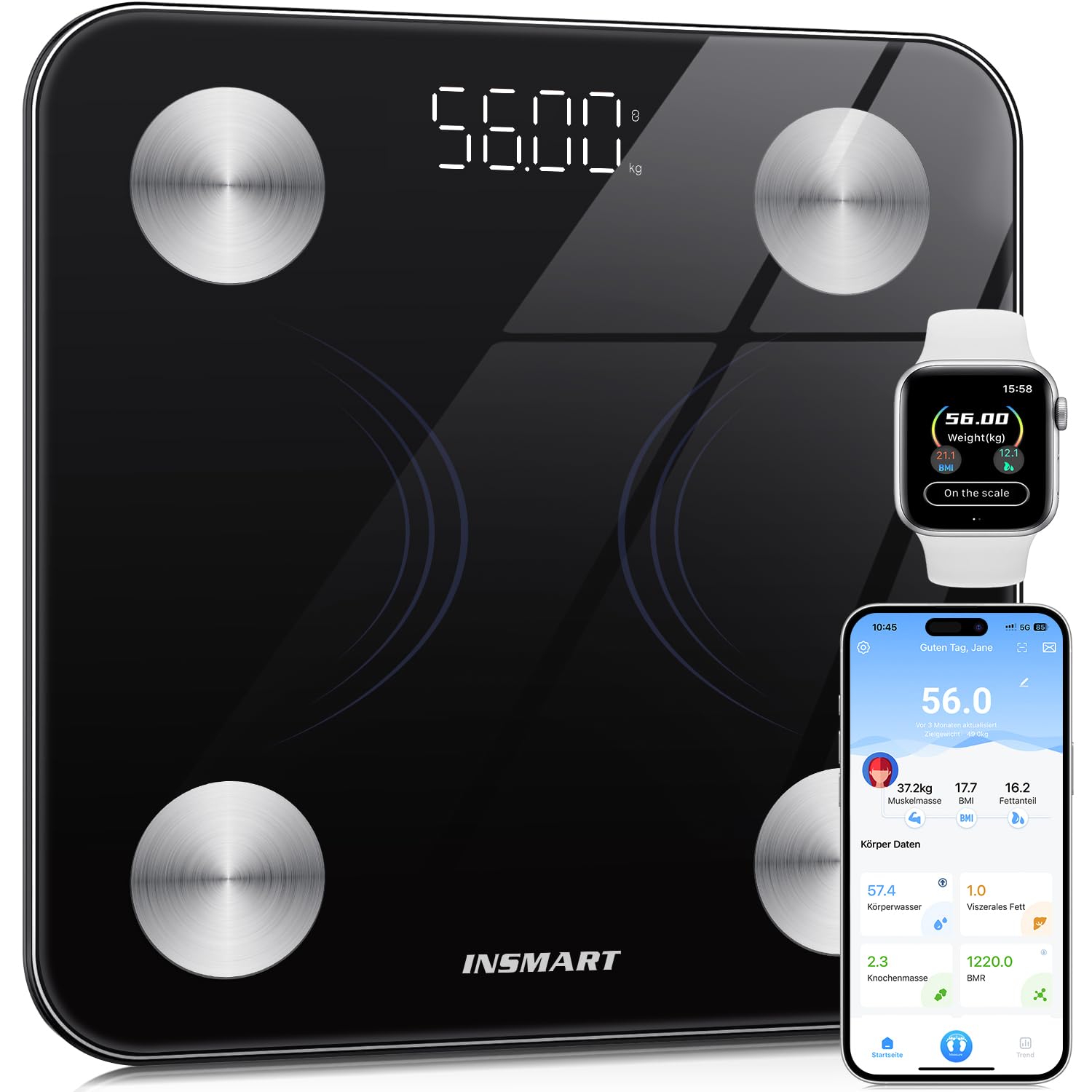 INSMART Digitale Personenwaage mit Bluetooth, Körperanalysewaage, Körperfettwaage für BMI, Gewicht, Pulsschlag, Wasser, Protein, Körperfett und Muskelmasse, 180 kg / 400 lbs, Graphitschwarz