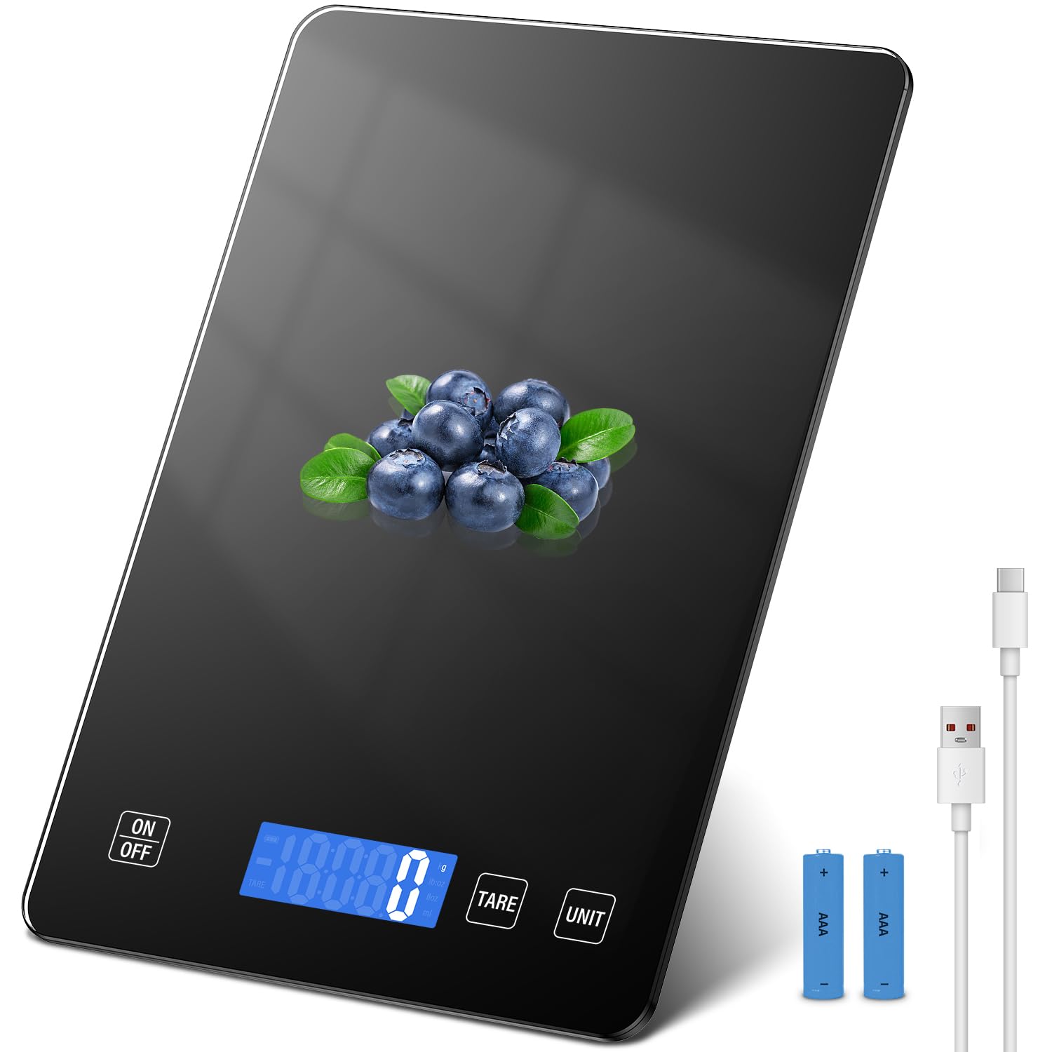 15 kg Küchenwaage, wiederaufladbare digitale Küchenwaage, Lebensmittelwaage aus Glas mit LCD-Display, Tara-Funktion, 5 Einheiten, Batterien im Lieferumfang enthalten