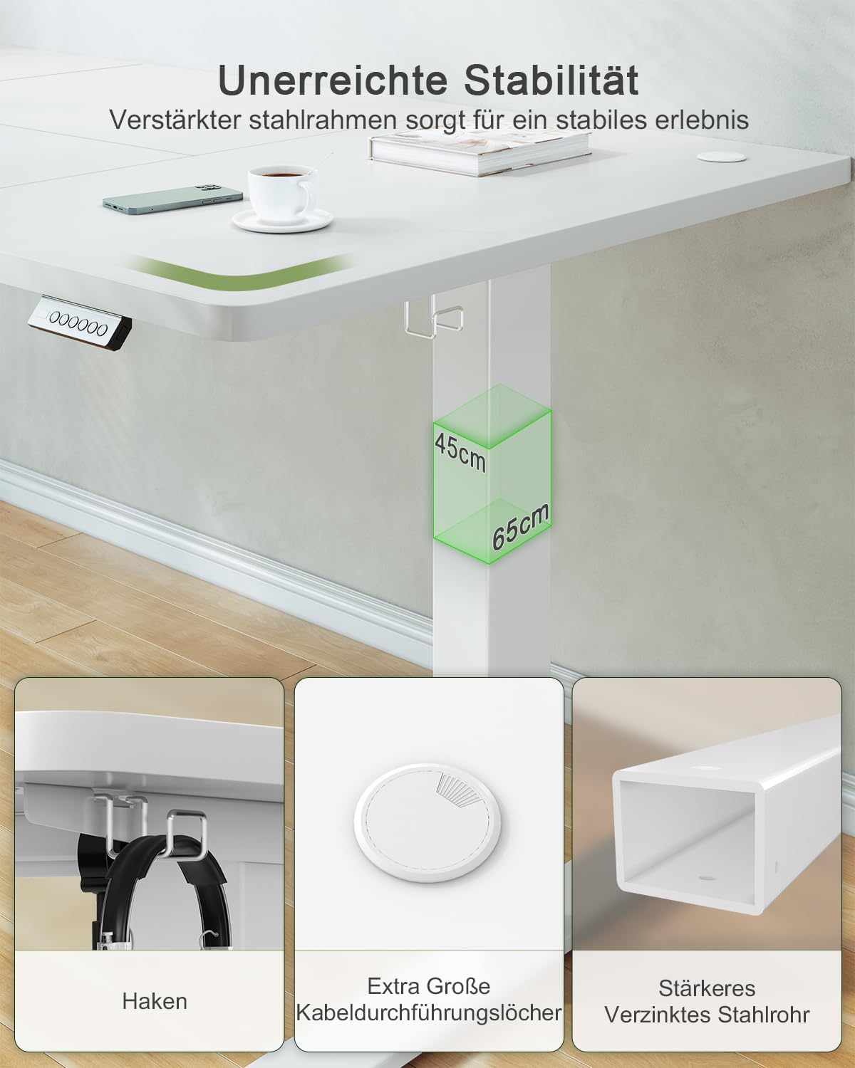 JUMMICO Höhenverstellbarer Schreibtisch mit USB-Ladeanschluss, 180 x 80 cm, elektrischer Schreibtisch, Stehsitz, Tisch, verstellbarer Computertisch, weiß – Bild 5