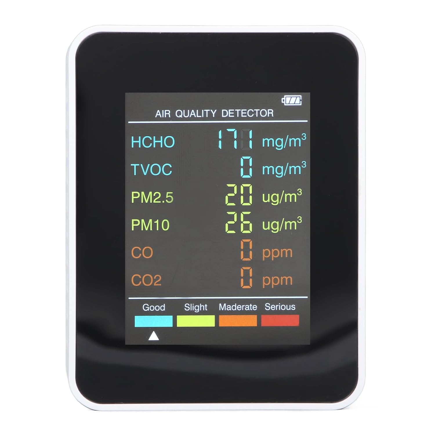 5-in-1 tragbarer Luftqualitätsmonitor mit LCD-Hintergrundbeleuchtung, professioneller Detektor für CO2, TVOC, HCHO, PM2,5 PM10, Temperatur-Feuchtigkeits-Alarmfunktion, ideal für – Bild 9