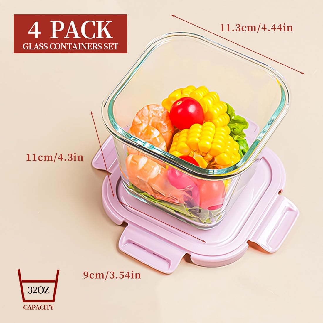 900 ml Glasbehälter mit Deckel, Vorratsgläser aus Glas mit Deckel, luftdicht. Quadratische Meal-Prep-Behälter, Mealprep-Gläser, Suppenbehälter aus Glas für Mikrowelle, Gefrierschrank und Spülmaschine – Bild 5