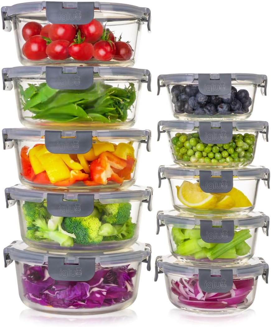 Igluu Meal Prep runde Frischhaltedosen aus Glas mit BPA-freien Deckeln (10 Stück) – mikrowellen-, ofen-, gefrierschrank-, spülmaschinenfest, auslaufsicher – 400 und 950 ml – robustes Borosilikatglas
