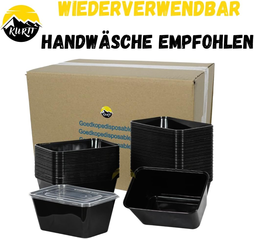 KURTT 100 Stück, Mealprep-Behälter, Mealprep-Behälter, Mikrowellenschüsseln mit Deckel, Frischhaltedosen, wiederverwendbar, mikrowellengeeignet, spülmaschinenfest (schwarz, 1000 ml) – Bild 4