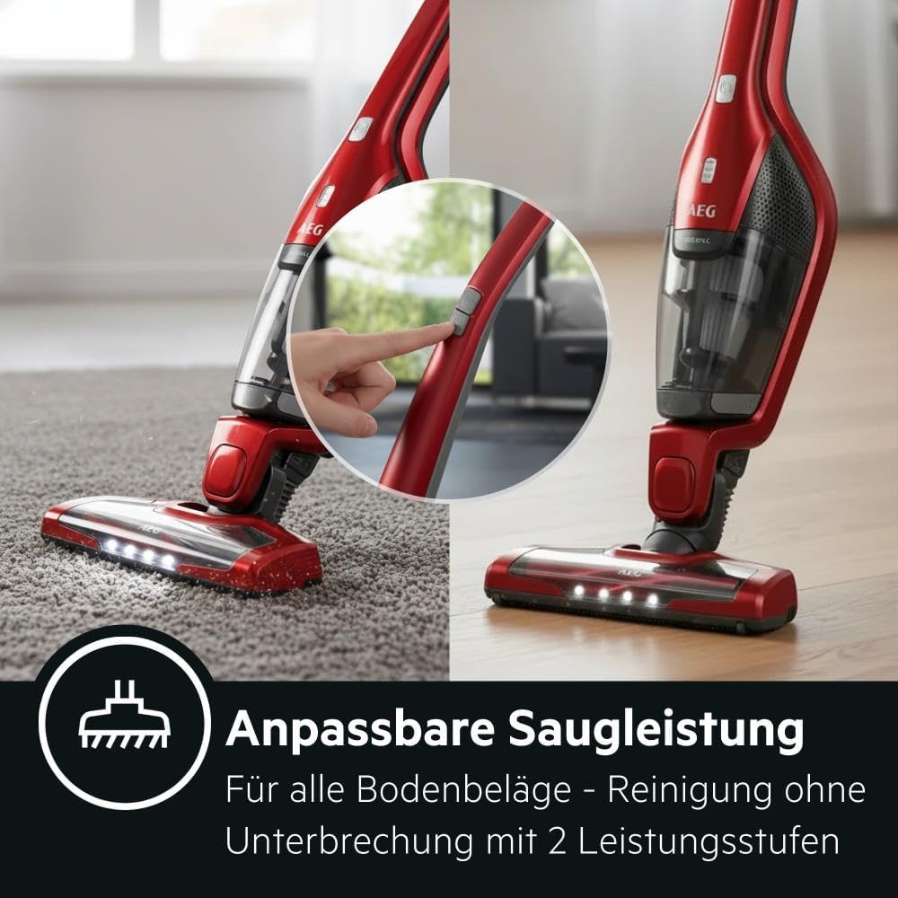 AEG Ergorapido CX7-2-45AN 2in1 Akku-Staubsauger (beutellos, inklusive Tierhaardüse, bis zu 45 Min. Laufzeit, freistehend, 180° Drehgelenk, Bürstenreinigungsfunktion, LED-Frontlichter, rot) – Bild 6