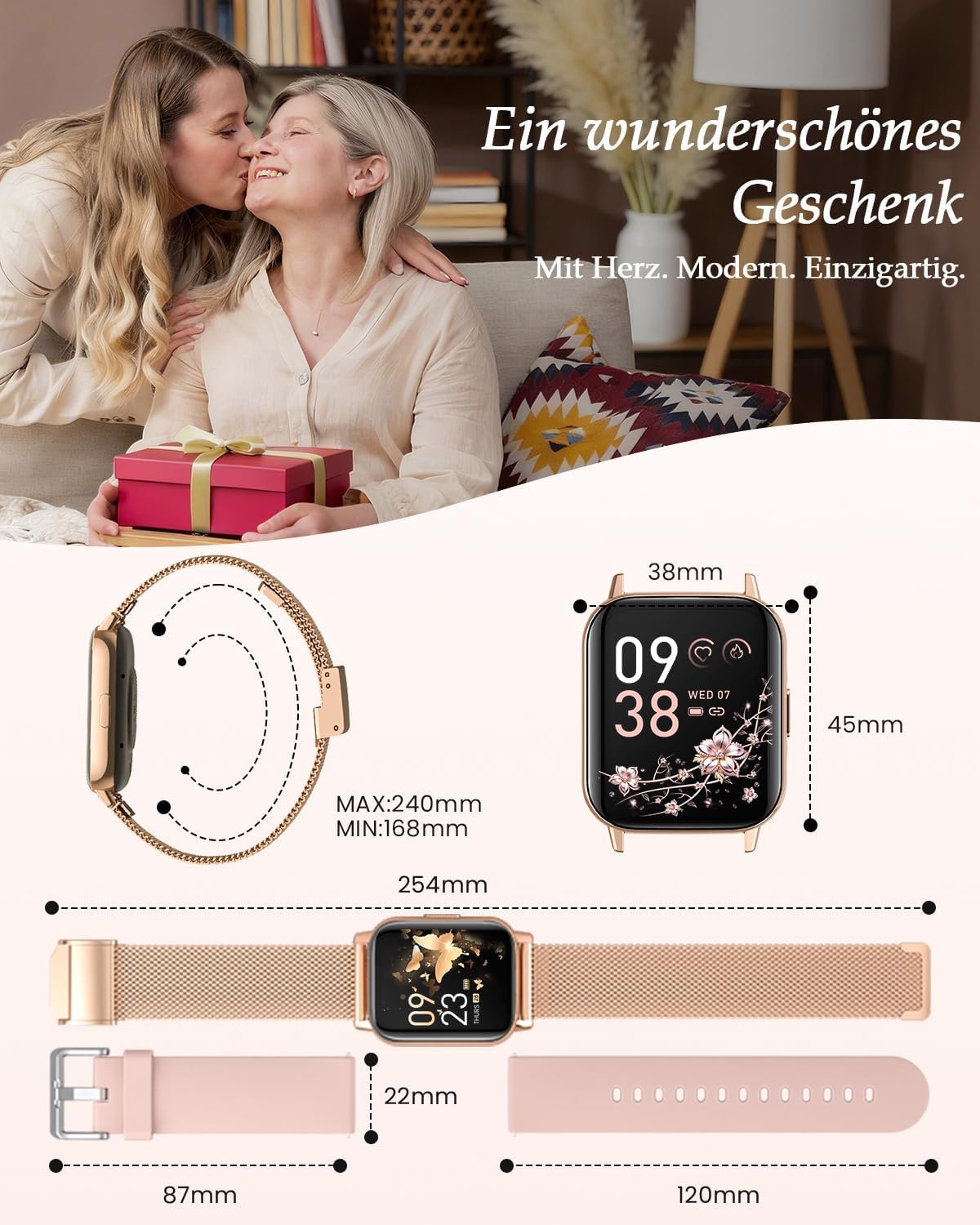 2026 Damen Smartwatch 1,85 Zoll AMOLED Fitness Tracker mit Telefonfunktion Menstruationszyklus Herzfrequenz Schlafmonitor SpO2 113+ Sportmodi Sportuhr 5ATM Schrittzähler Kalorien iOS Android Roségold – Bild 8
