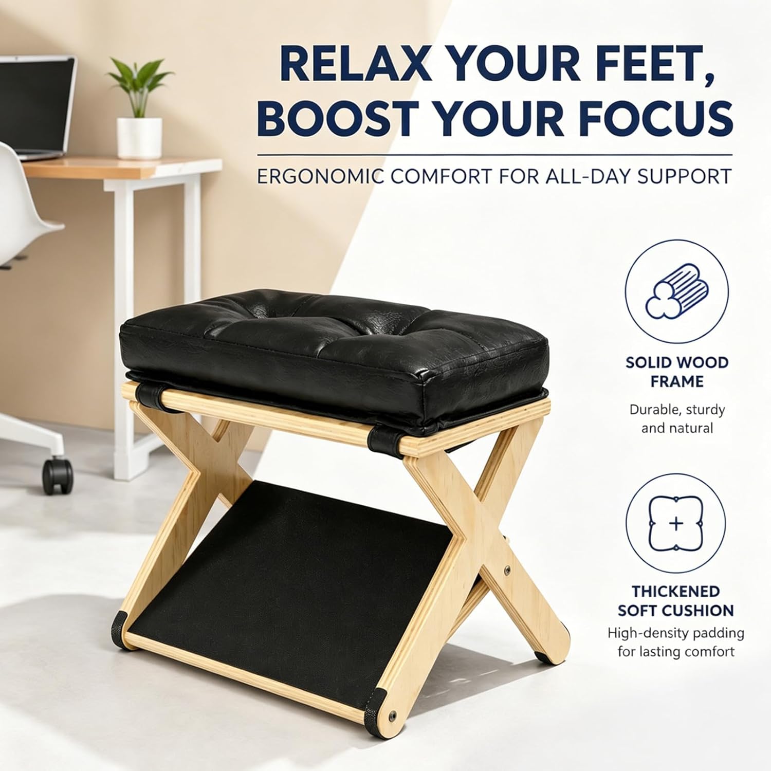 Yuragim 2-in-1 Fußstütze Schreibtisch Ergonomisch aus Holz mit abnehmbarem Polster, Fußablage Höhenverstellbar Rutschfest, Fußhocker Fußbank für Büro Home Office Wohnzimmer Schlafzimmer Schwarz – Bild 4