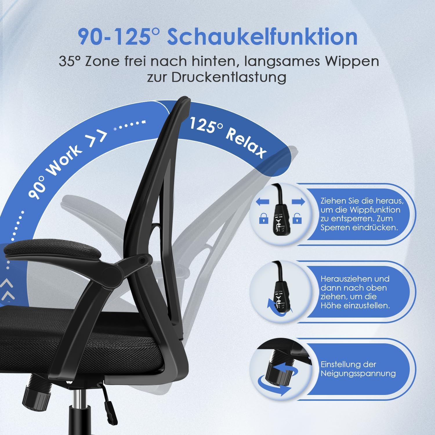 Hinonde Bürostuhl, Schreibtischstuhl mit klappbaren Armlehnen und Wippfunktion, 360° Drehstuhl, höhenverstellbarer Bürostuhl, ergonomischer Home-Office-Stuhl mit atmungsaktivem Netz, bis 150 kg – Bild 8