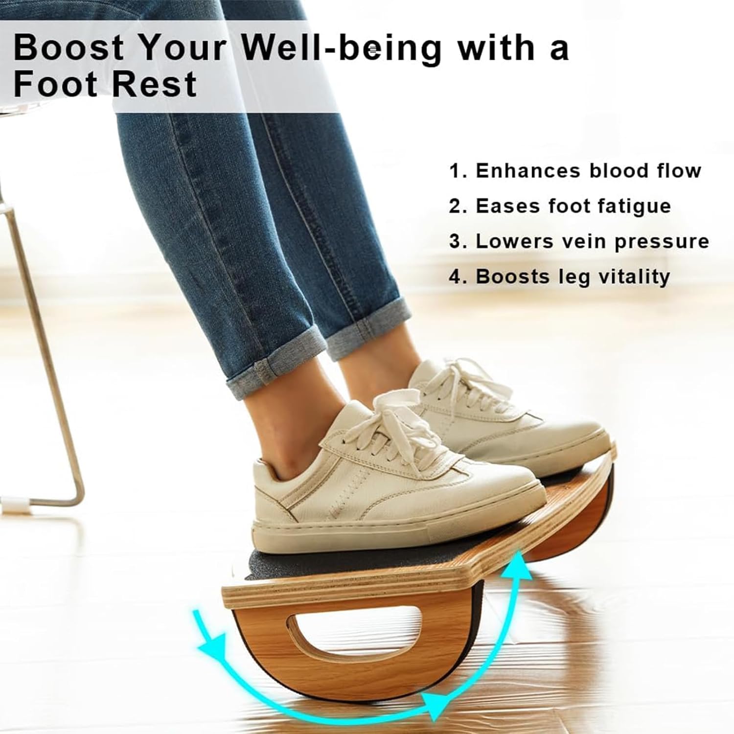 StrongTek Fußstütze unter dem Schreibtisch, Schreibtisch-Fußstütze, Schaukelfuß-Pflegehocker, Rocker Balance Board, Naturholz, rutschfest, ergonomische Druckentlastung zur Haltungsunterstützung, Zuhause, Büro (18 B x 11 L) – Bild 3
