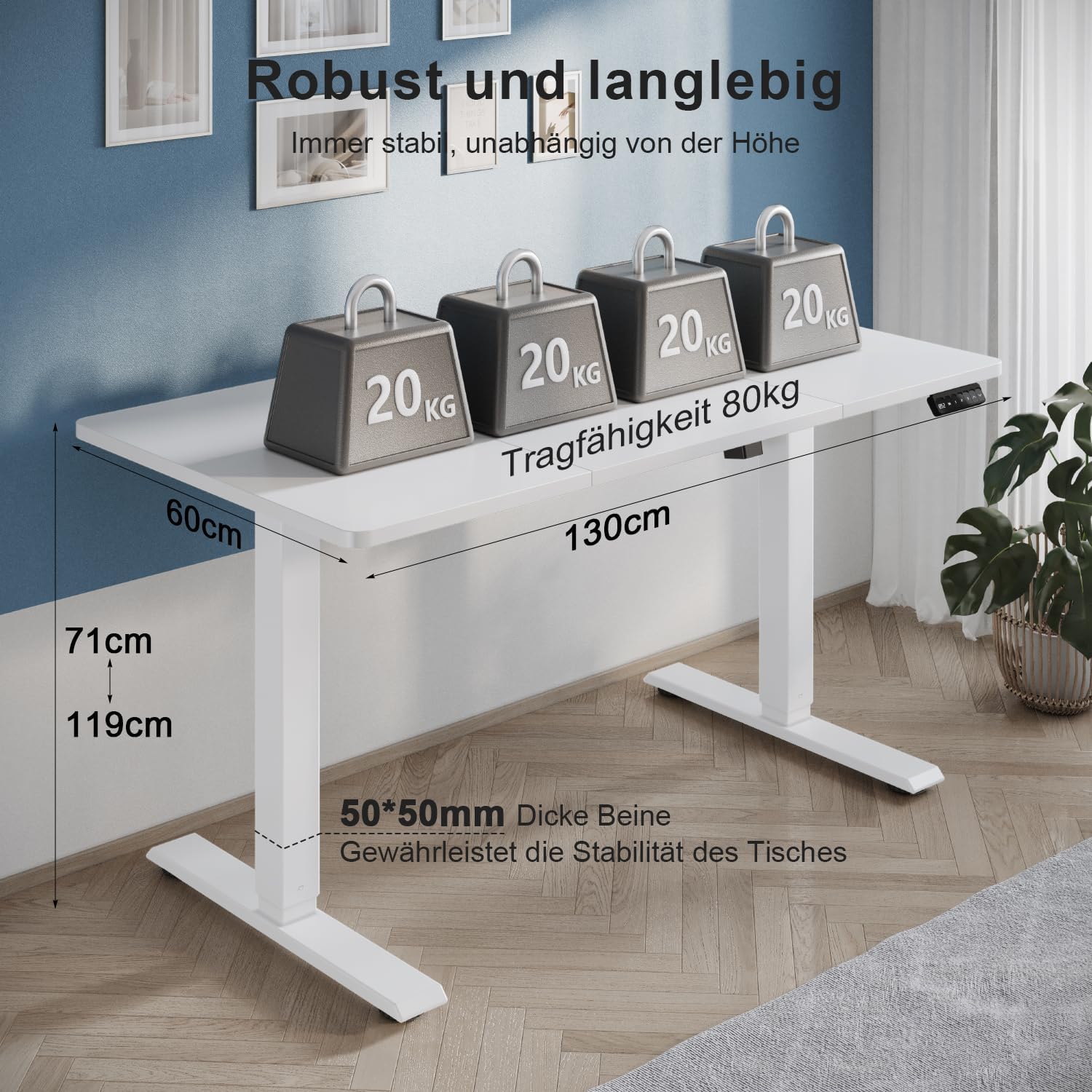 TRIUMPHKEY Elektrischer Stehschreibtisch, 130 x 60 cm, höhenverstellbarer Schreibtisch mit Memory, Smart Panel, Sitz-Steh-Schreibtisch mit Rucksackhaken, Steh-Studiertisch, Arbeitstisch für das Heimbüro (weiß) – Bild 4