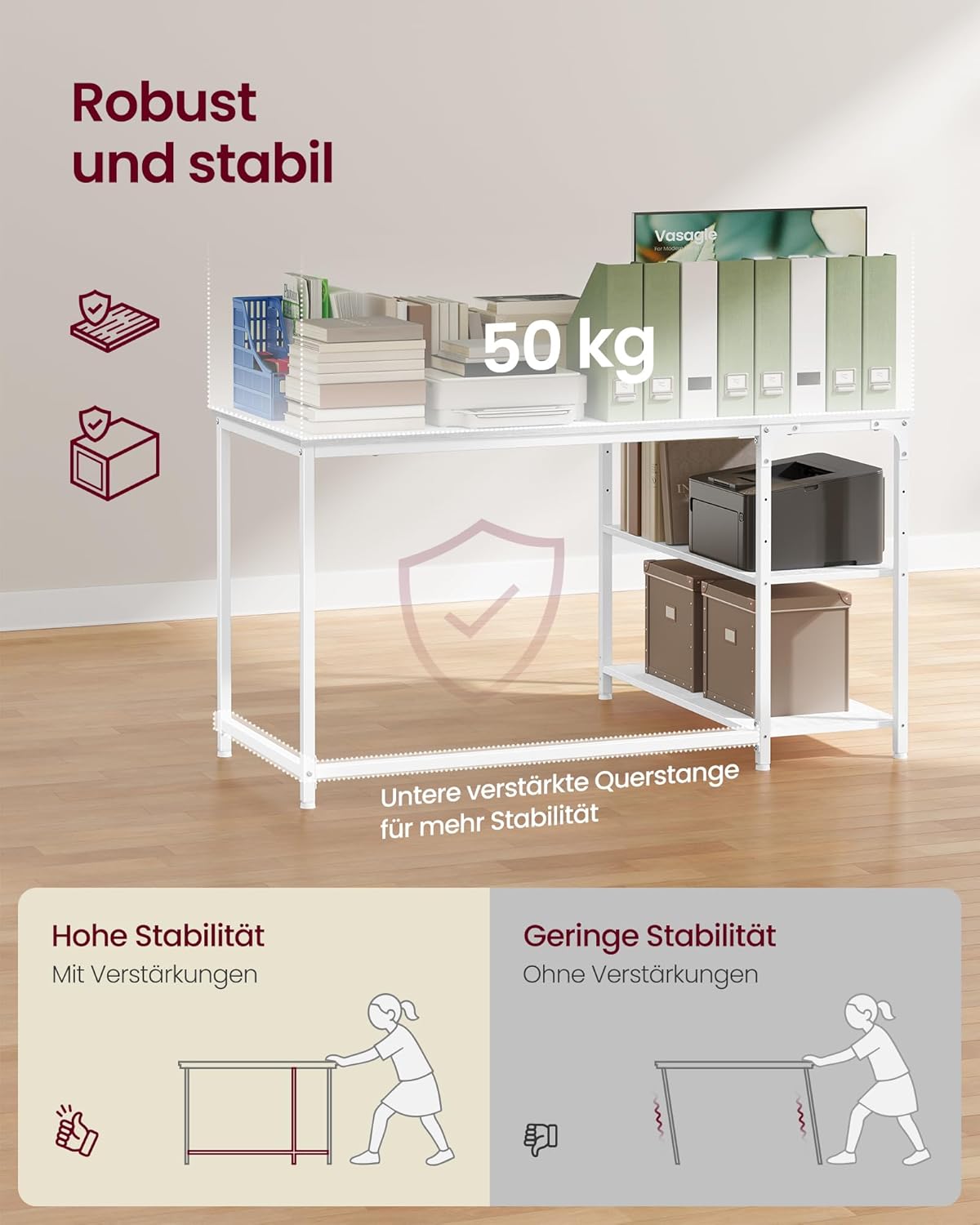 VASAGLE LWD136WF01 Eckschreibtisch, L-förmiger Computertisch mit Stauraum, Büroschreibtisch, höhenverstellbare Ablage für Heimbüro, 120 x 80 cm, Ahornweiß – Bild 6