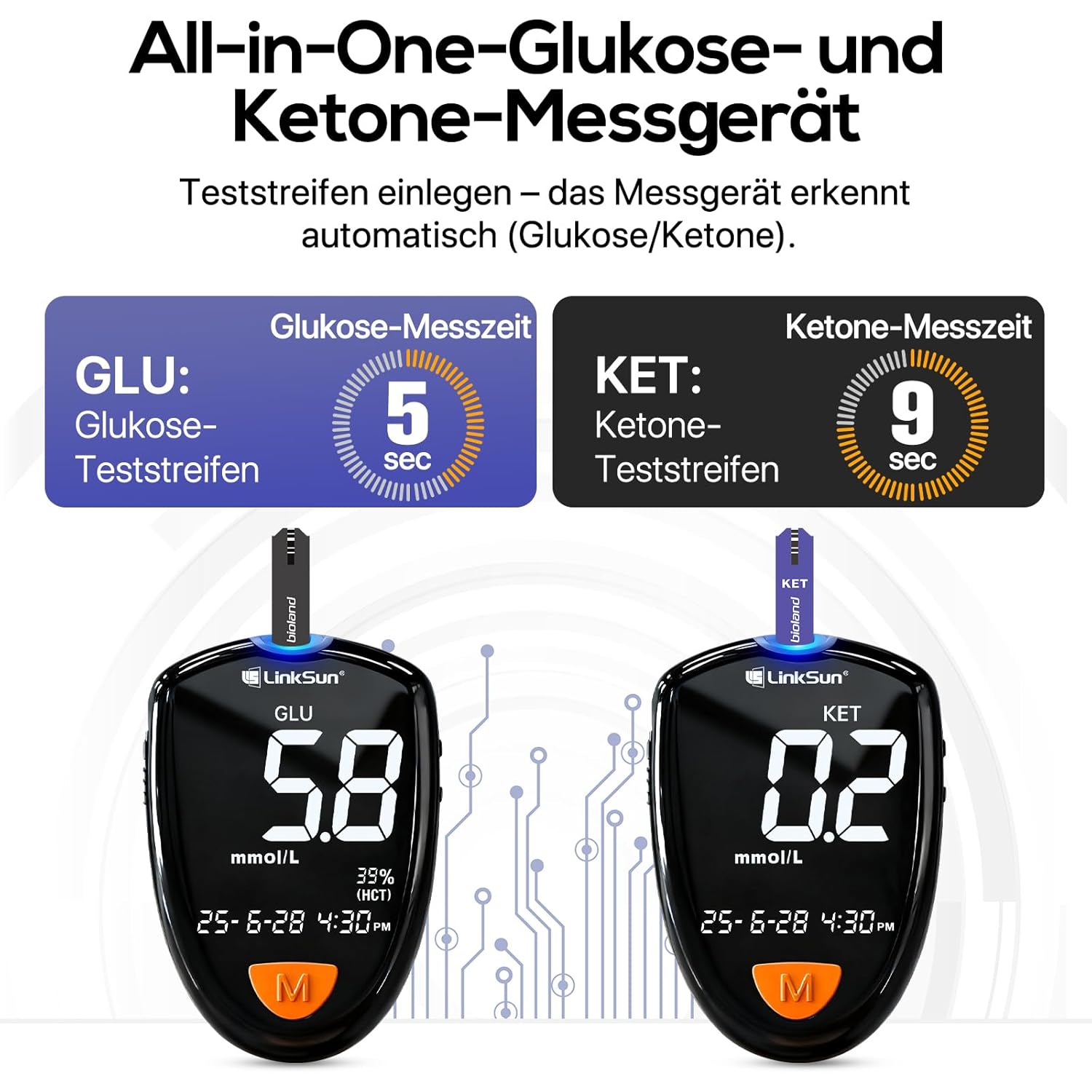 Blutzuckermessgerät & Ketonmessgerät-Set 2-in-1, M26-K Blutzuckermessgerät-Set mit 25 Blutzucker-Teststreifen, 10 Keton-Teststreifen, 35 Sicherheitslanzetten, Kontrolllösung, ohne Codierung – Bild 3