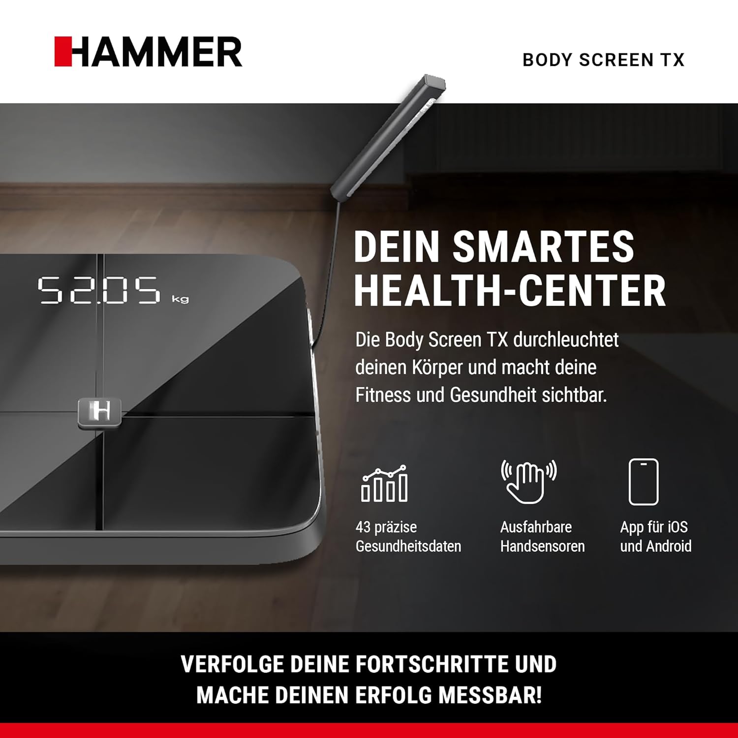 HAMMER Körperanalysewaage Body Screen TX in Schwarz – Körperwaage mit 43 Gesundheitsdaten, Körperfettwaage mit 8 Sensoren, innovative, segmentale Körperanalyse, Waage mit App und Bluetooth – Bild 2