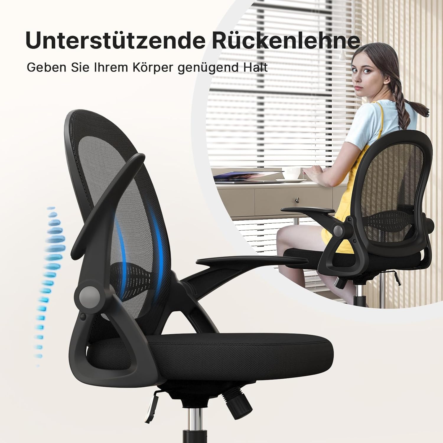 naspaluro Bürostuhl, ergonomischer Schreibtischstuhl mit atmungsaktiver Netzpolsterung, klappbare Armlehnen, höhenverstellbarer Computerstuhl, leichter Stuhl, 360°-Drehstuhl, schwarz – Bild 4
