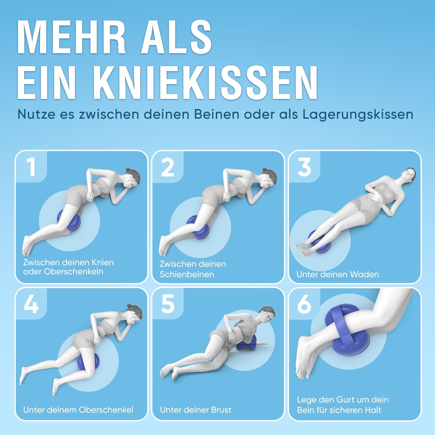 Healthfix Kniekissen für Seitenschläfer, orthopädisches Beinkissen zum Schlafen mit Gurt, 2 Stück, Memory-Schaum, kühlender, waschbarer Bezug (weiß) – Bild 6