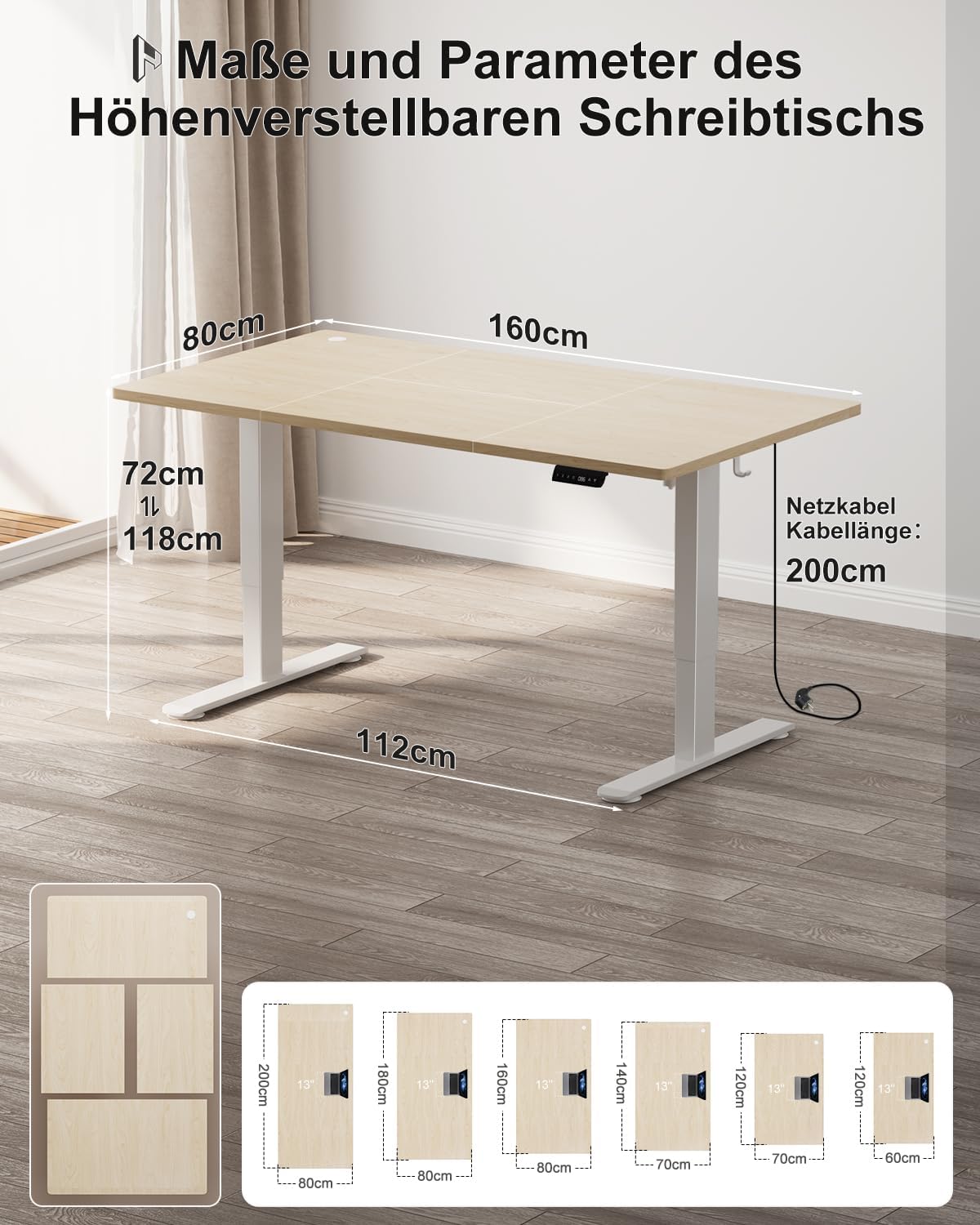 Homall höhenverstellbarer Schreibtisch 160 x 80 cm, elektrischer Schreibtisch mit vierteiliger Tischplatte, Computertisch mit Memory-Funktion, Stehpult – Bild 3