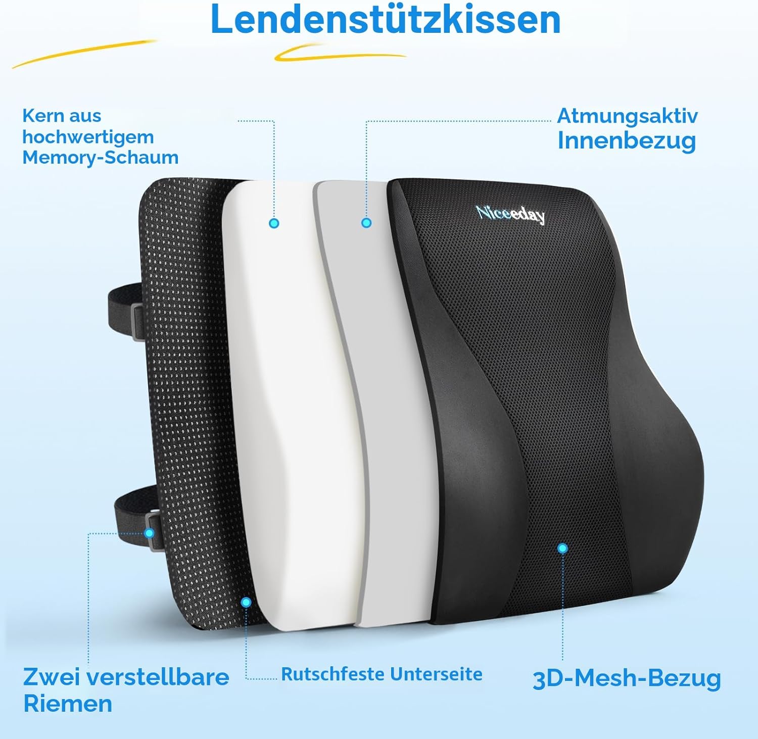Niceeday Lendenwirbelstützkissen für Bürostuhl, Auto-Lendenkissen, Memory-Schaum-Rückenstützkissen mit atmungsaktiver 3D-Netz-Rückenstütze für Bürostuhl, Rückenstütze, Rückenlehne 3D-Groß – Bild 3