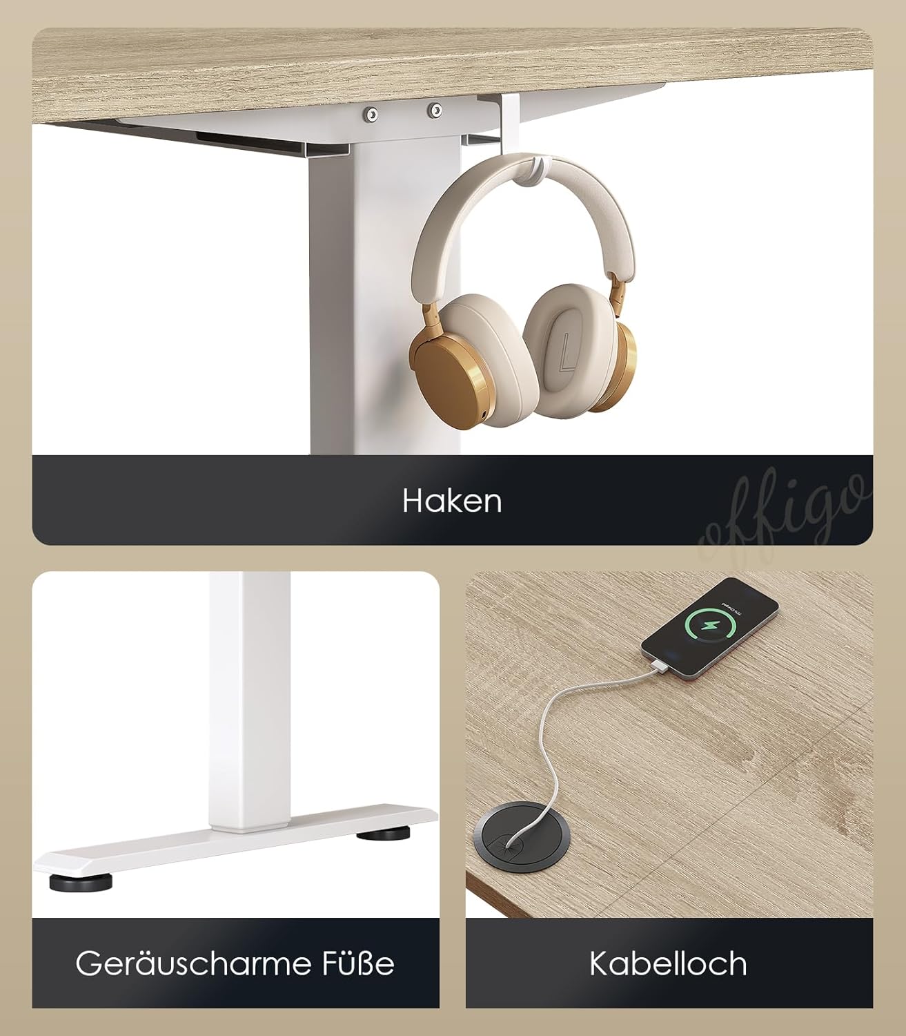 OffiGo höhenverstellbarer Schreibtisch, 200 x 80 cm, elektrischer Schreibtisch mit Steckdosen und USB-Ladeanschluss, Tisch höhenverstellbar mit 2 Memory-Funktionen, Computertisch für Büro, Zuhause, Beige – Bild 7