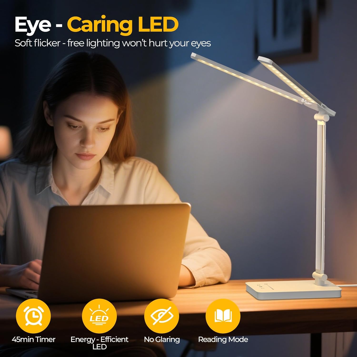 Schreibtischlampe LED 15W Dimmbar mit Augenschutz, 5 Farben und 10 Helligkeitsstufen, mit Adapter-Ladefunktion, Timer-Funktion, Memory-Lesemodus, Tischlampe für Kinderzimmer, Büro (Weiß) – Bild 6