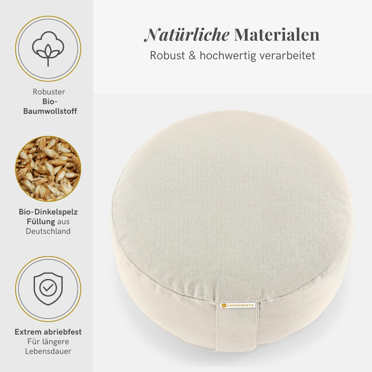 Lotuscrafts Yogakissen, Meditationskissen, runder Lotus, bequeme und entspannte Meditation – Sitzhöhe 15 cm, waschbarer Baumwollbezug, Yoga-Sitzkissen mit Dinkelfüllung, GOTS-zertifiziert, weiß – Bild 3