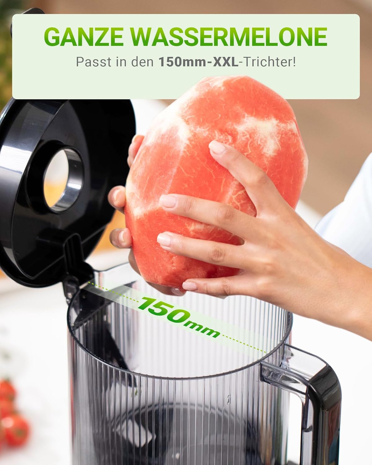 TUUMIIST Slow Juicer mit 150 mm extra großem Einfüllschacht, Entsafter Gemüse und Obst, Testsieger, anwendbarer Entsafter für ganzes Obst und Gemüse, BPA-frei, glänzendes Schwarz – Bild 3
