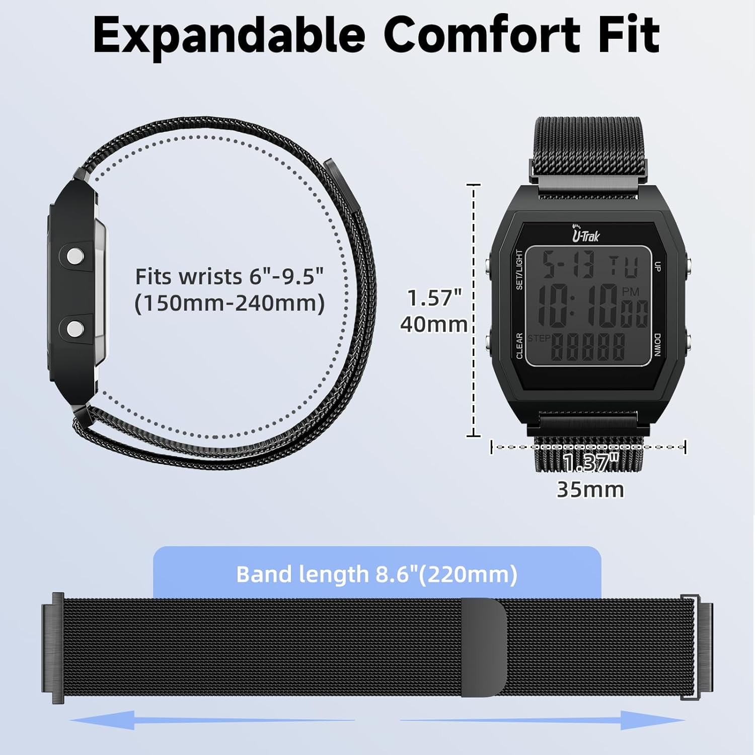 3D-Schrittzähler-Uhren zum Gehen, einfache Schrittzähler-Uhren mit magnetischem Uhrenarmband, wasserdichte Schritt-Tracker-Uhren mit magnetischem Uhrenarmband für Männer, Frauen, Kinder, Senioren – Bild 7