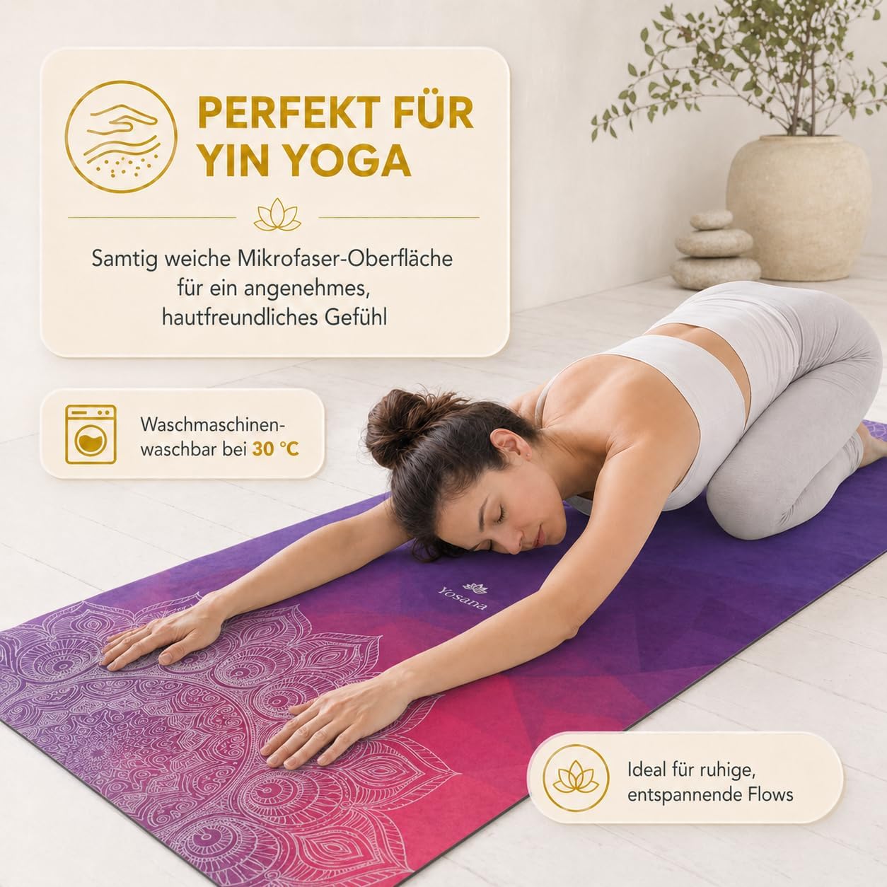Yosana Yogamatte aus Naturkautschuk – rutschfeste, nachhaltige Yogamatte mit Mikrofaseroberfläche zur schnellen Aufnahme von Schweiß – maschinenwaschbare Sportmatte – 183 x 68 cm – Bild 2