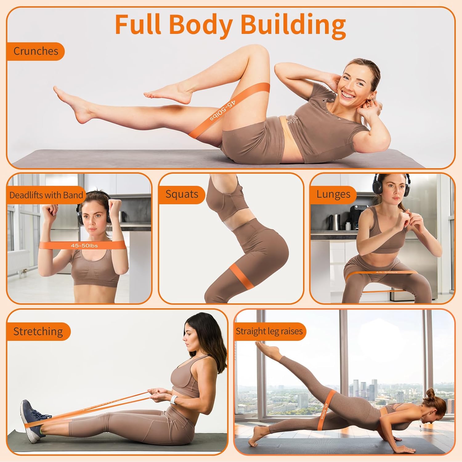 Fitnessbänder 6er-Set, Latex-Widerstandsbänder (5-50 Pfund), Widerstandsbänder-Set für Damen und Herren, ideal für Zuhause, Fitnessstudio, Yoga-Training, inklusive Tragetasche – Bild 6