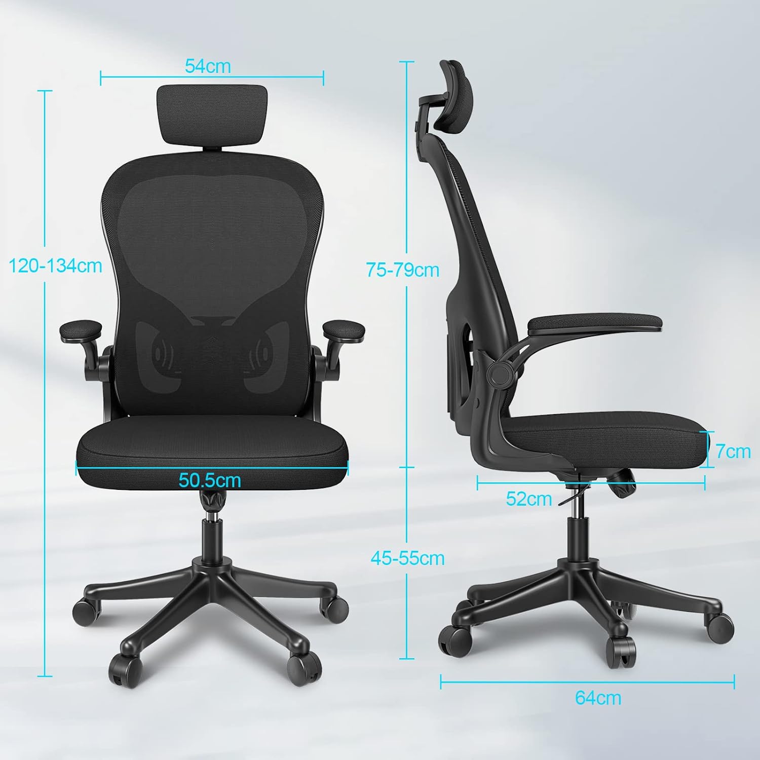 naspaluro Ergonomischer Bürostuhl mit atmungsaktivem Netzbezug, Schreibtischstuhl mit verstellbaren Armlehnen, Kopfstütze, Lordosenstütze, Rückenlehne, Höhenverstellung, 360°-Drehstuhl, Dunkelschwarz – Bild 2