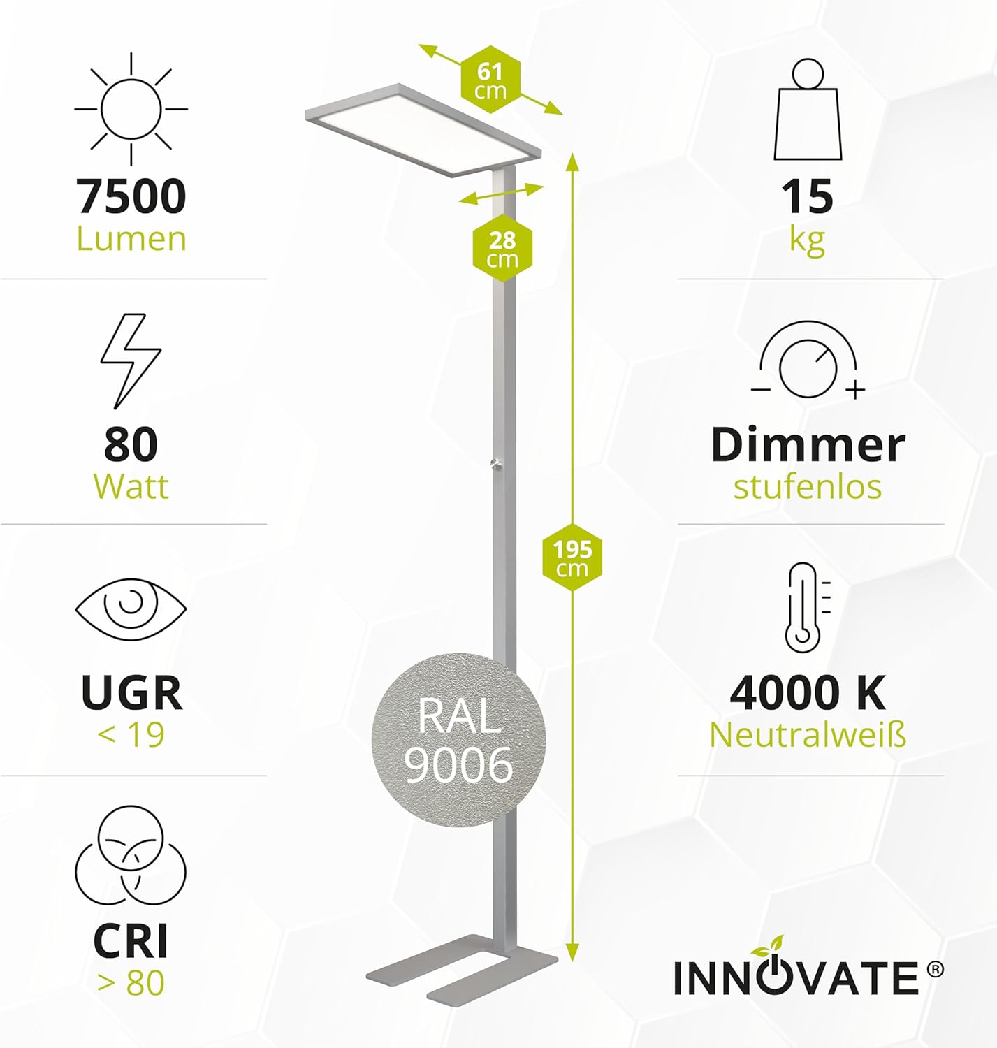 INNOVATE LED Stehlampe Büro dimmbar mit Uplighter Silber (7500 lm UGR< 19 80 W) Tageslichtlampe Schreibtisch Stehlampe dimmbar I Stehleuchte LED Home Office Schreibtische & Arbeitsplätze Stehlampen – Bild 7