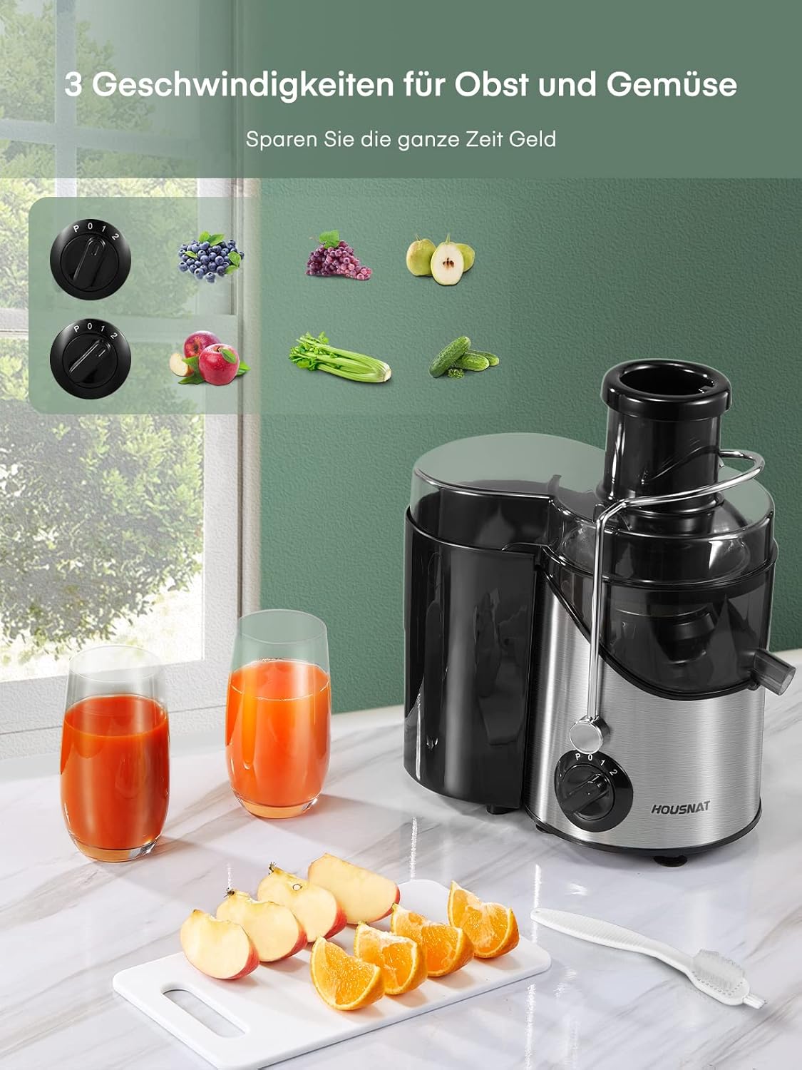 HOUSNAT Entsafter Gemüse und Obst, max. 800 W, Edelstahl-Entsafter-Maschine mit 3 Geschwindigkeitsstufen, 65 mm großer Mund-Einfüllschacht, Zentrifugal-Entsafter, leicht zu reinigen, BPA-frei, 400 W – Bild 2