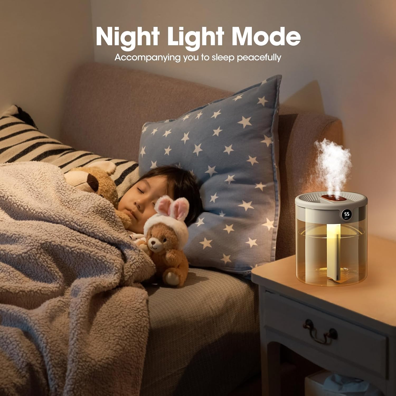 Luftbefeuchter 2000 ml, USB Mini Luftbefeuchter mit 3 Nebelmodi & LED Feuchtigkeitsanzeige, Leiser Luftbefeuchter mit Nachtlicht für Schlafzimmer, Büro, Babyzimmer & Pflanzen – Bild 5