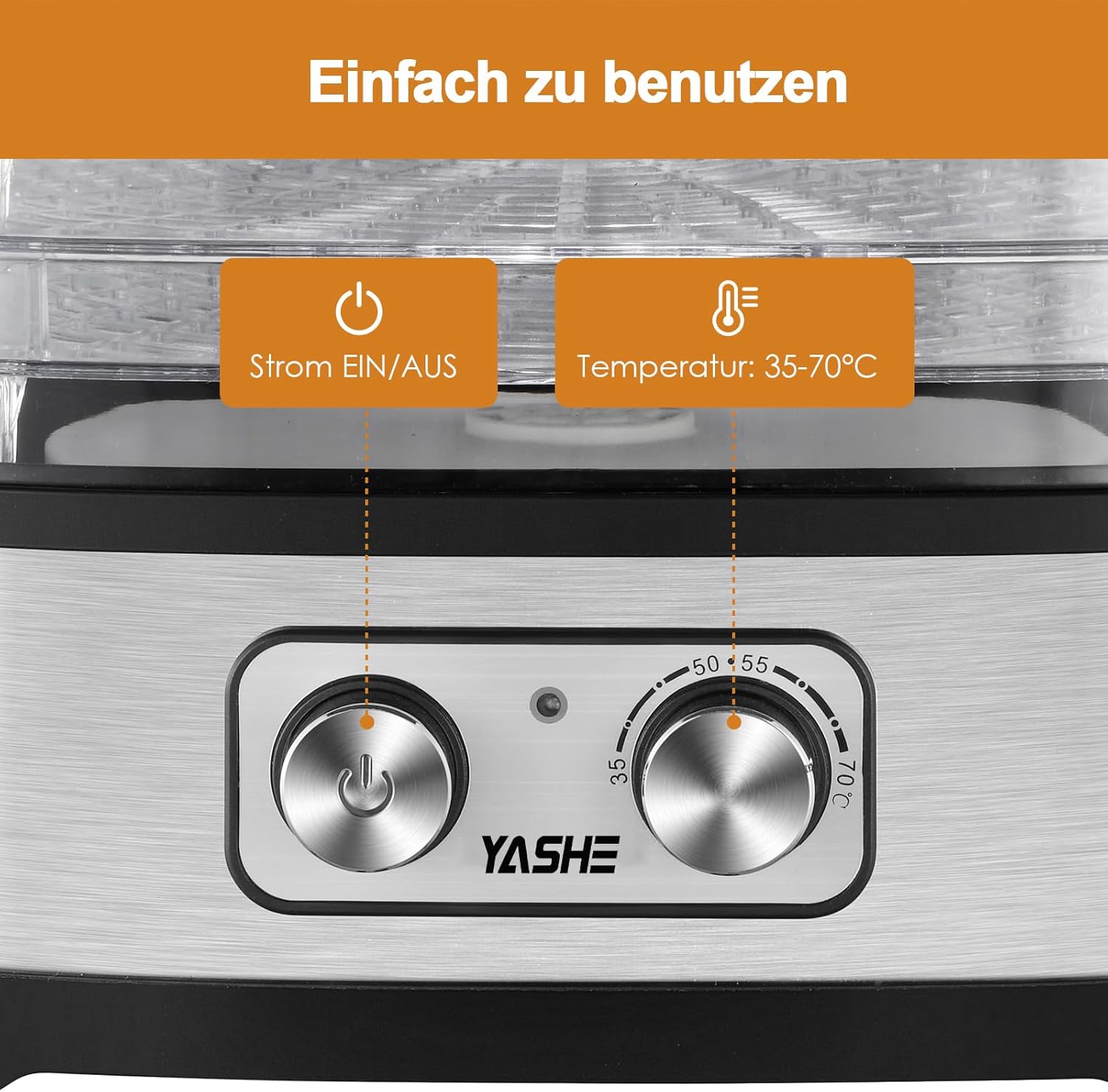 YASHE GGJ-261A Dörrgerät mit 5 höhenverstellbaren Tabletts, Temperaturregelung von 35–70 °C, 240 Watt Dörrgerät für Obst und Gemüse, BPA-frei, Silber, transparent, schwarz – Bild 2