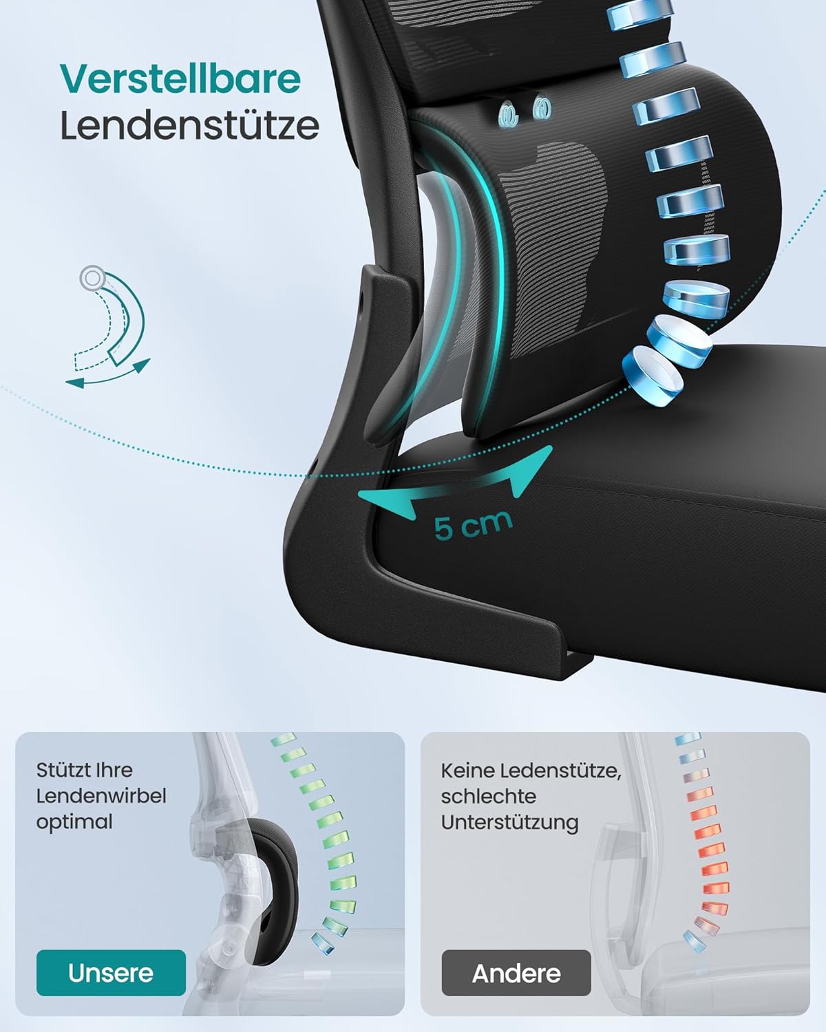 SONGMICS Bürostuhl, Schreibtischstuhl, ergonomischer Netzstuhl, doppellagiges Netzgewebe, atmungsaktiv, adaptive Lordosenstütze, verstellbare Kopfstütze, für das Heimbüro, Tintenschwarz OBN041B01 – Bild 4